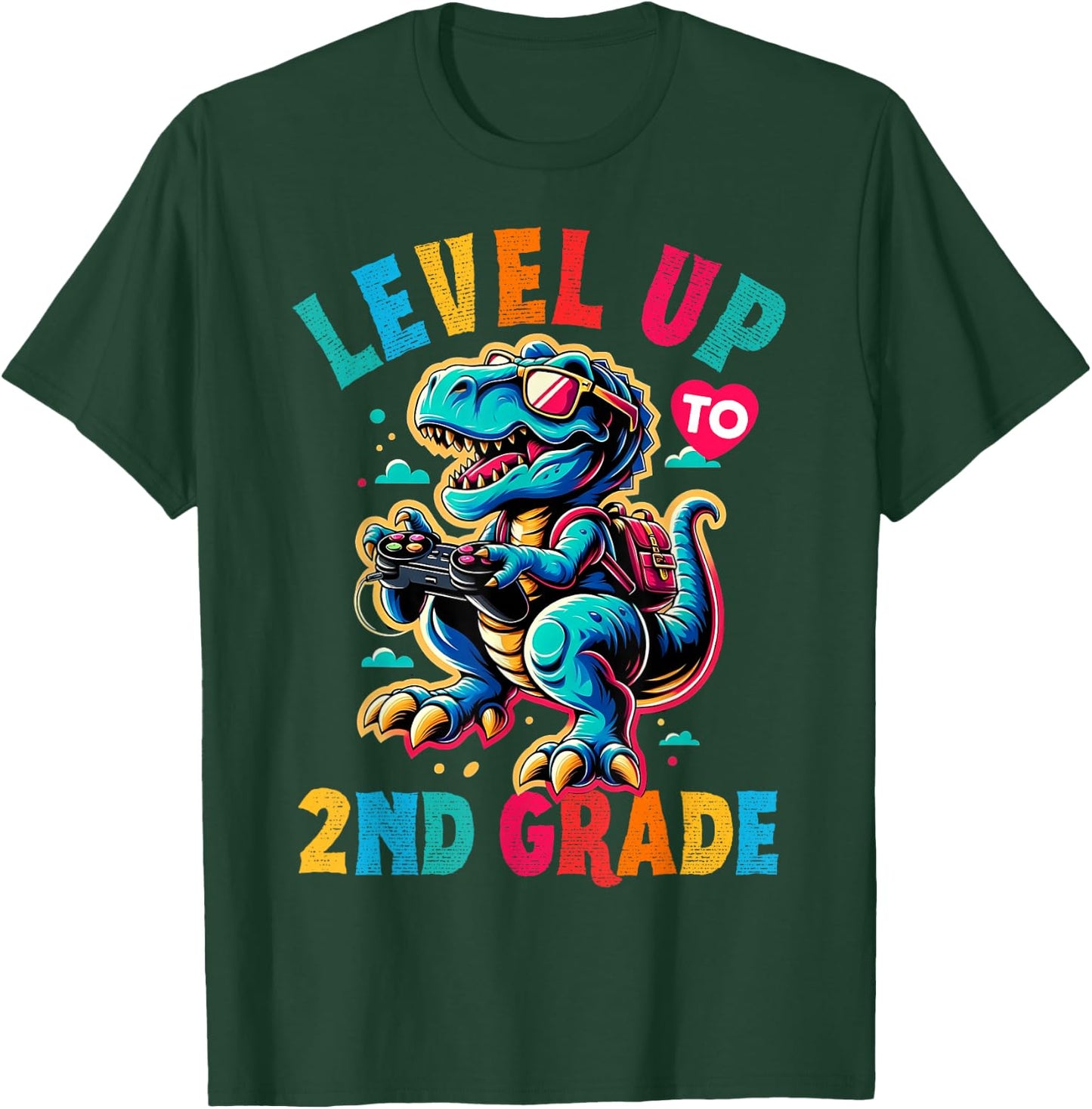 Dinosaur boys back to School 2nd grade Level up video games T-Shirt - T-Shirt | Forest