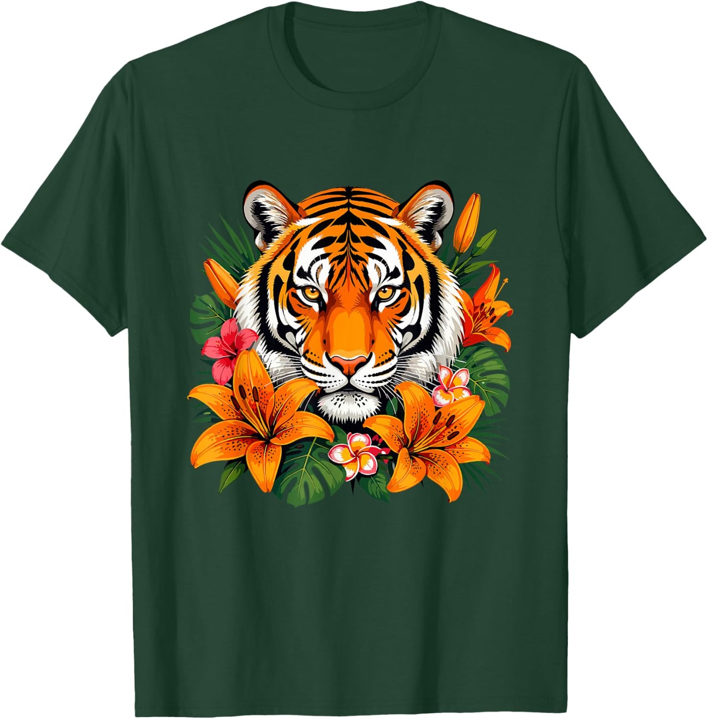 Tropical Tiger with Orange Lilies Jungle Flowers T-Shirt - T-Shirt | Forest