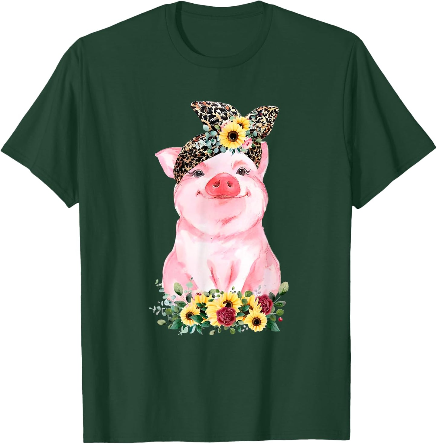 Pig With Leopard Headband Flower Cute Pig Lover T-Shirt - T-Shirt | Forest