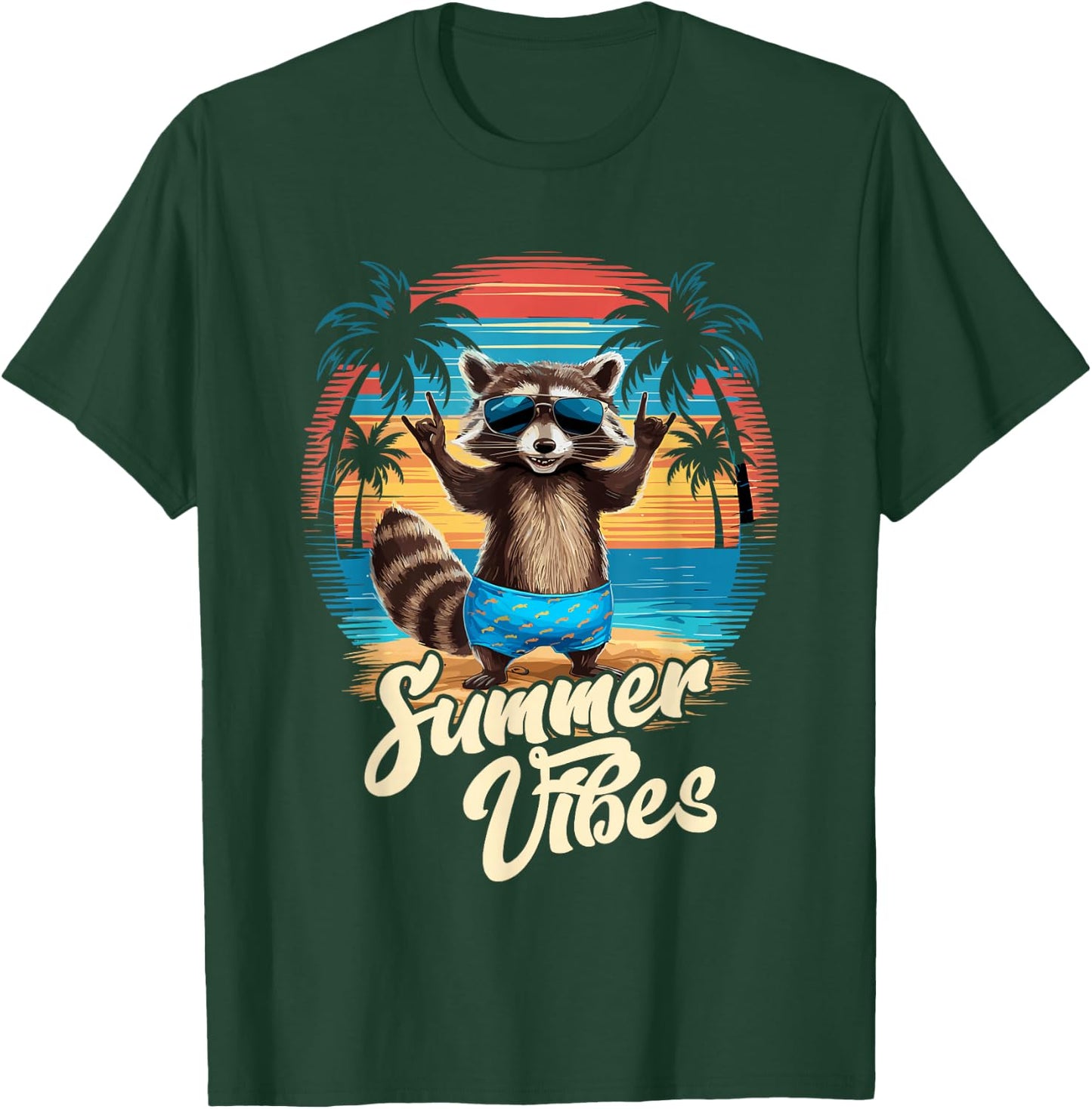 Beach Caribbean Party Hawaii Holiday Surfer Raccoon Summer , black T-Shirt - T-Shirt | Forest
