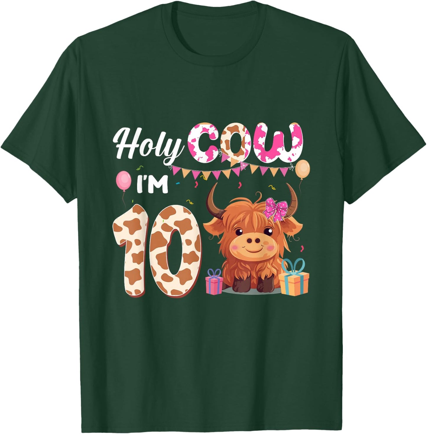 Holy Cow I'm 10 Year Old Birthday Highland Cow 10th Bday Kid T-Shirt - T-Shirt | Forest