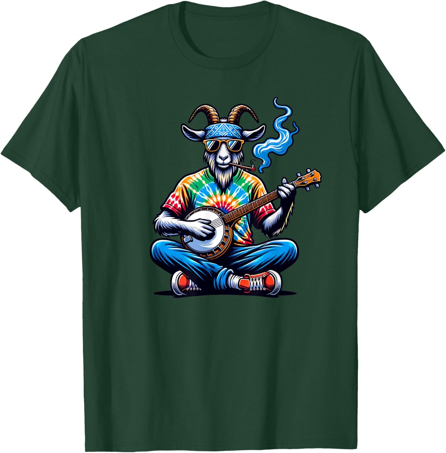 Goat Playing Bluegrass Music on a Banjo Wearing Tie Dye T-Shirt - T-Shirt | Forest