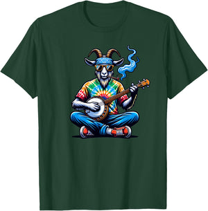 Goat Playing Bluegrass Music on a Banjo Wearing Tie Dye T-Shirt - T-Shirt | Forest
