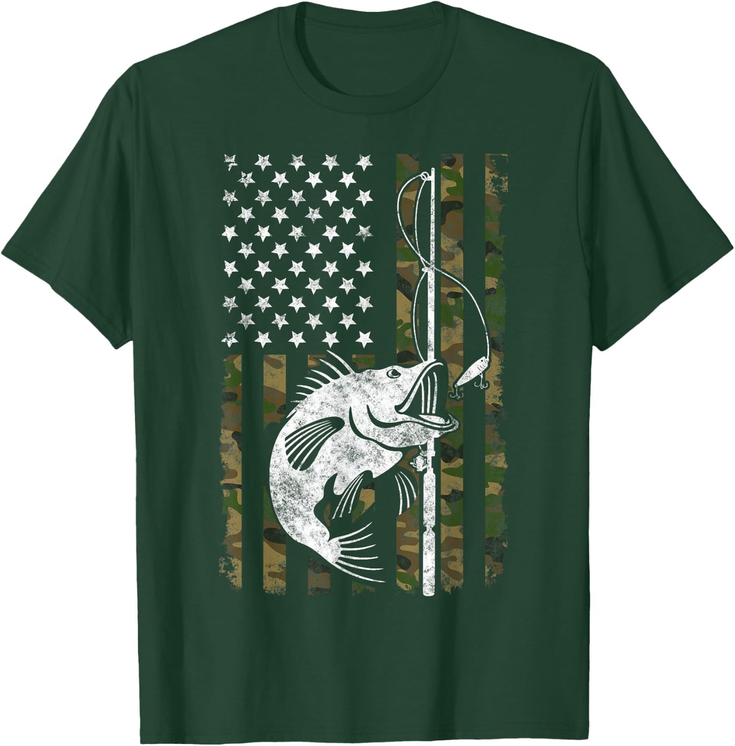 Fishing Camouflage American USA flag Fisherman T-Shirt - T-Shirt | Forest