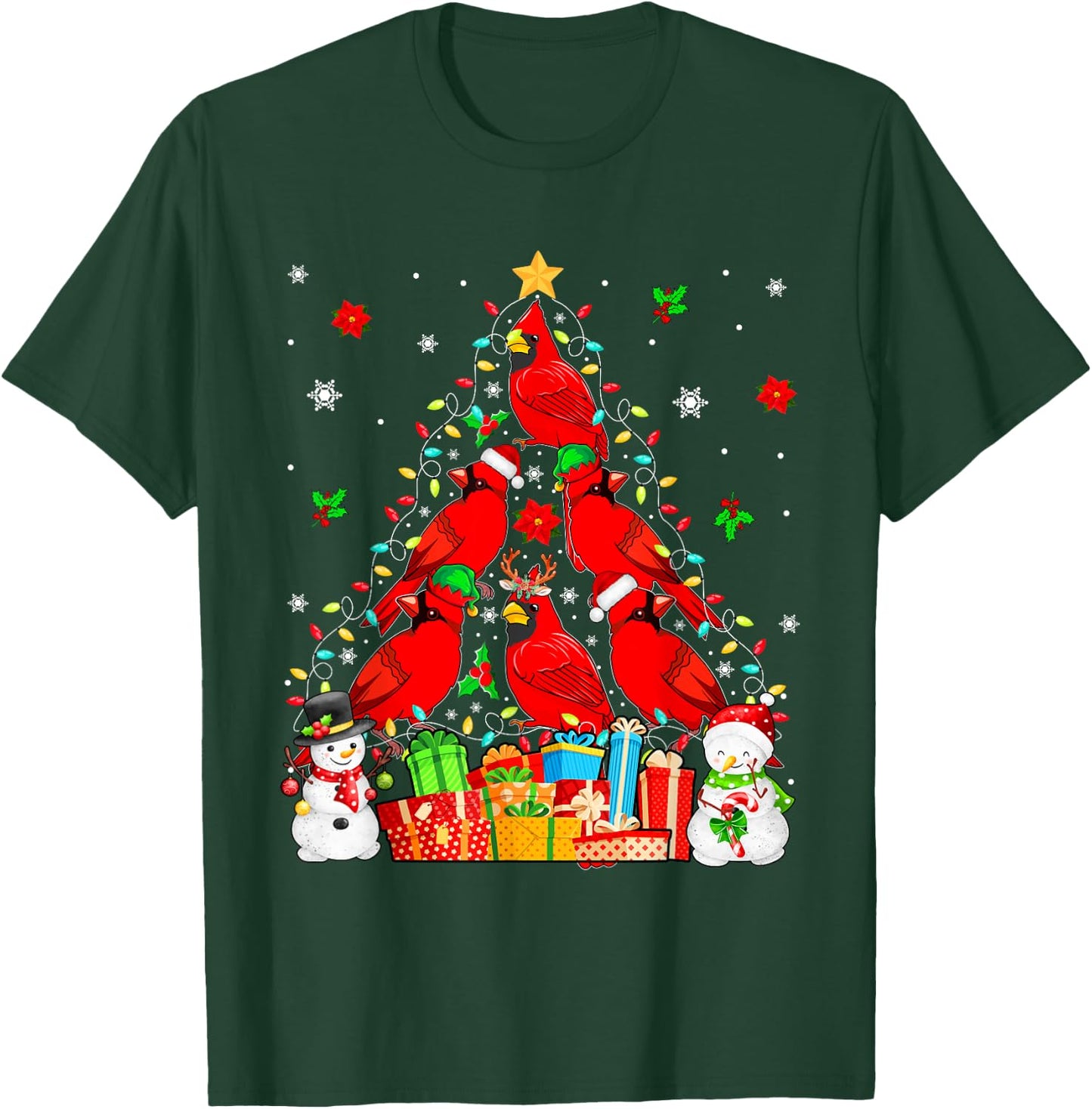 Group Santa Reindeer Elf Cardinal Birds As Xmas Tree Snowmen T-Shirt - T-Shirt | Forest