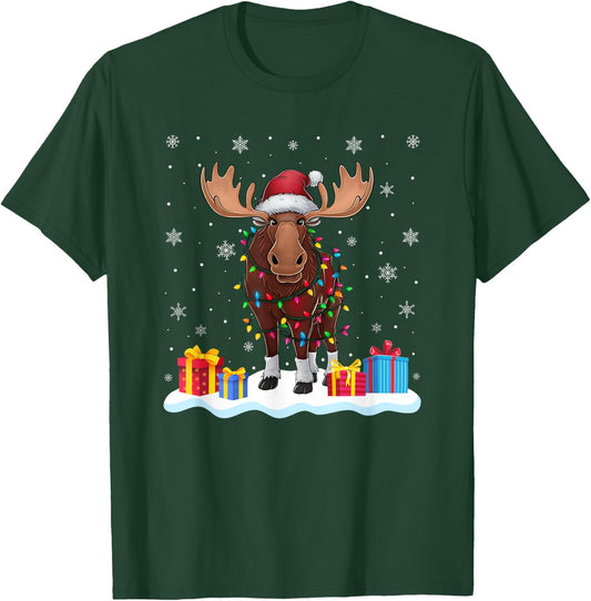 Moose Santa Hat Christmas Tree Light Xmas Pajama T-Shirt - T-Shirt | Forest