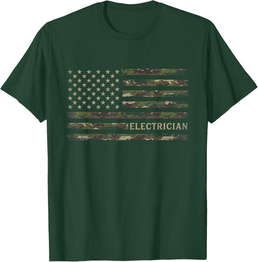 Camo Electrician Camourflage USA Flag Fathers Day T-Shirt - T-Shirt | Forest