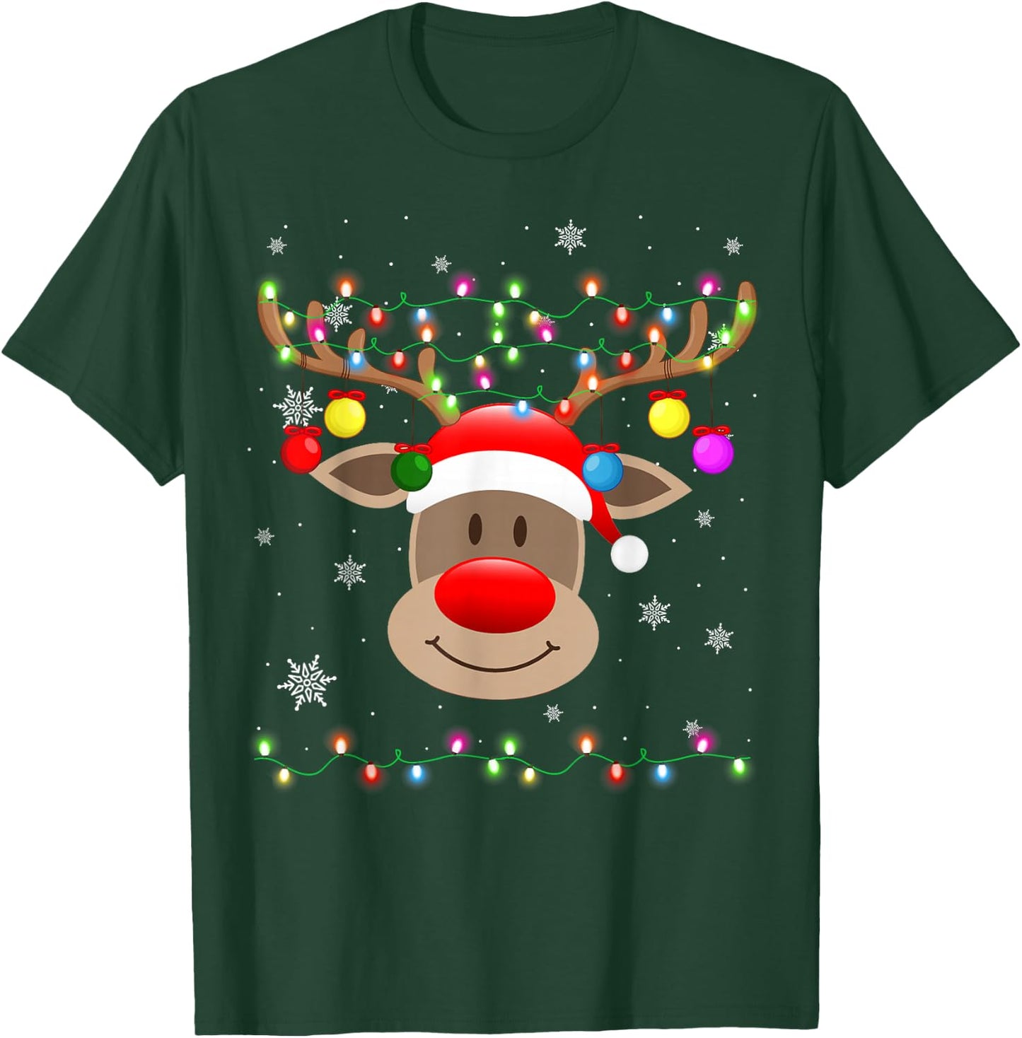 Red Nose Reindeer Snowflakes Chirstmas Lights T-Shirt - T-Shirt | Forest