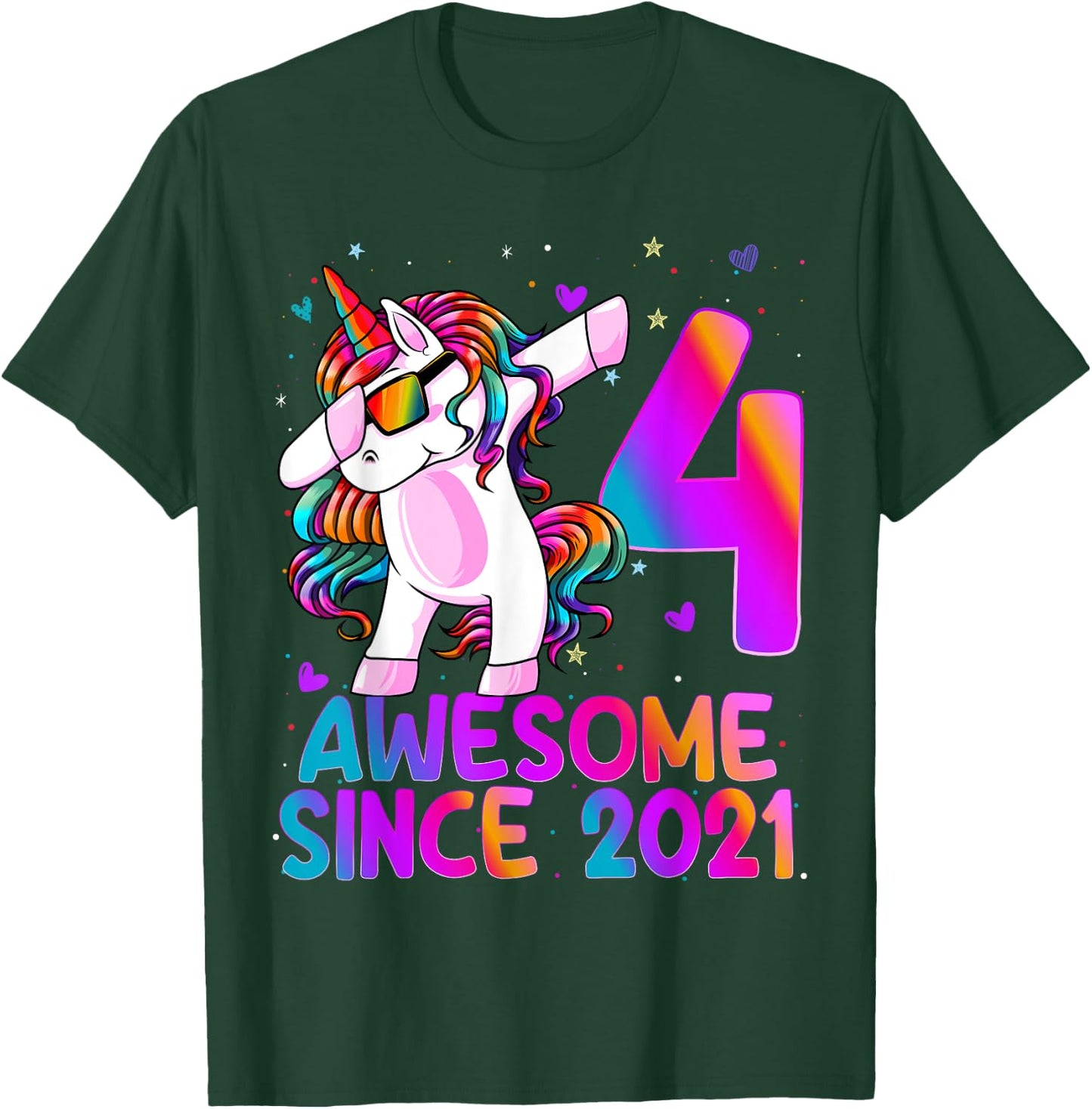 Dabbing Unicorn 4 Year Old 4th Birthday Girl Unicorn Party T-Shirt - T-Shirt | Forest