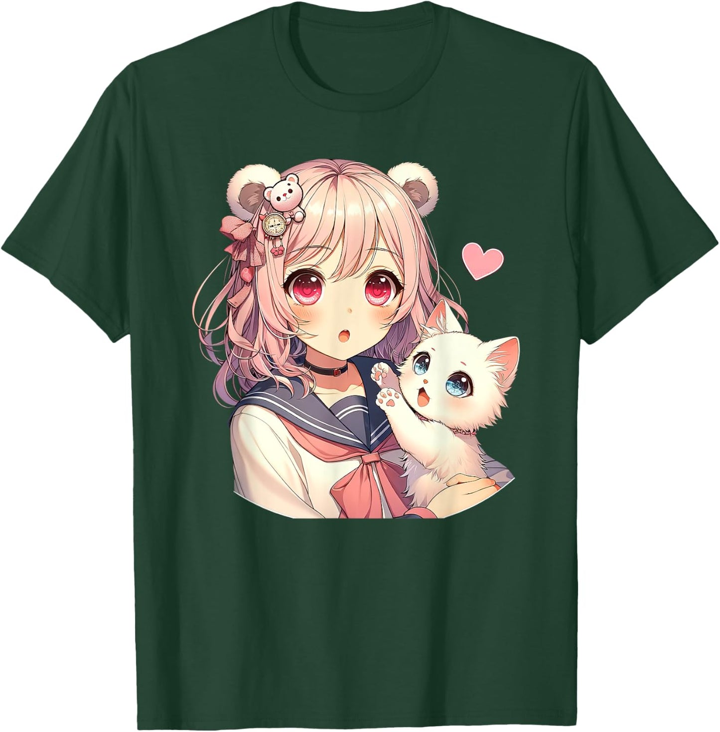 Anime Kawaii, girl with cute cat, adorable pink design, Otaku , Black, S T-Shirt - T-Shirt | Forest