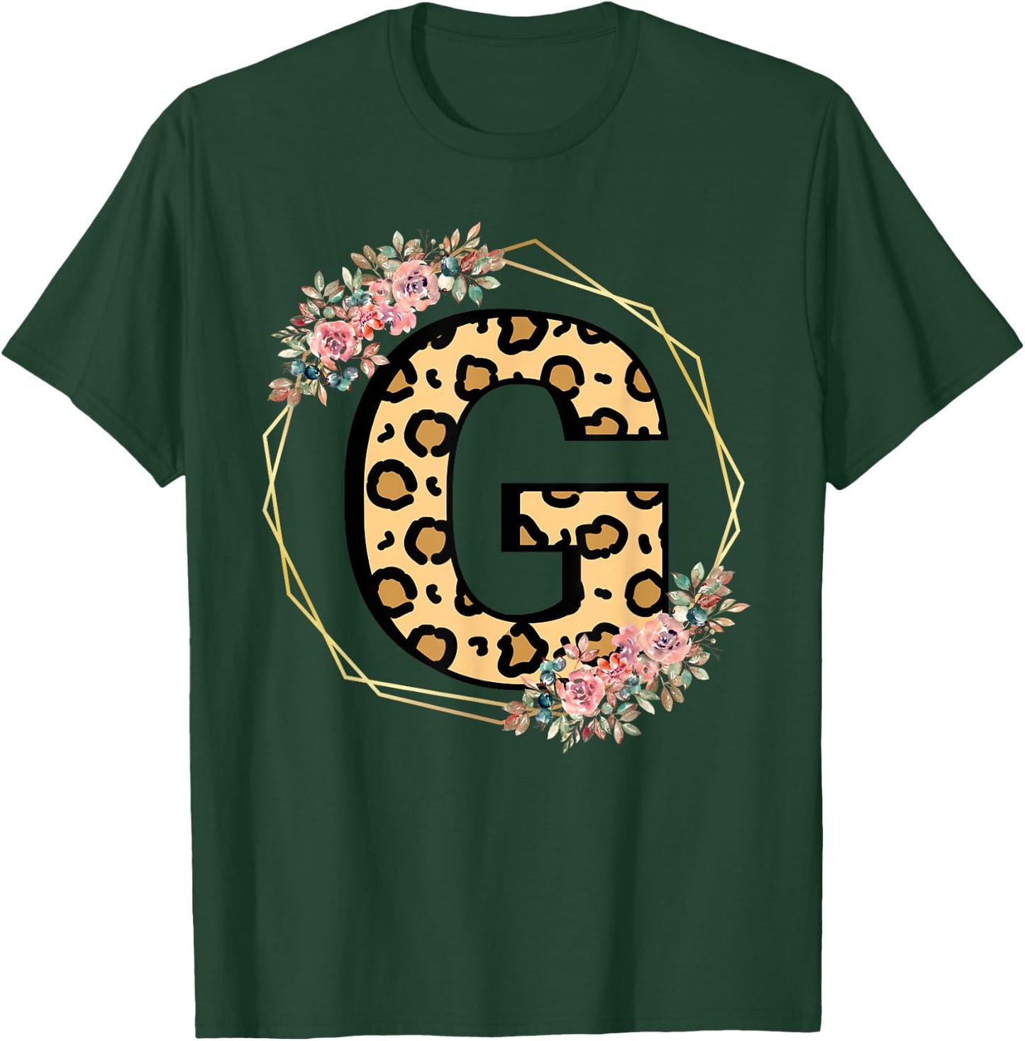 Leopard Letter G Initial Flower Monogram Women Girls T-Shirt - T-Shirt | Forest