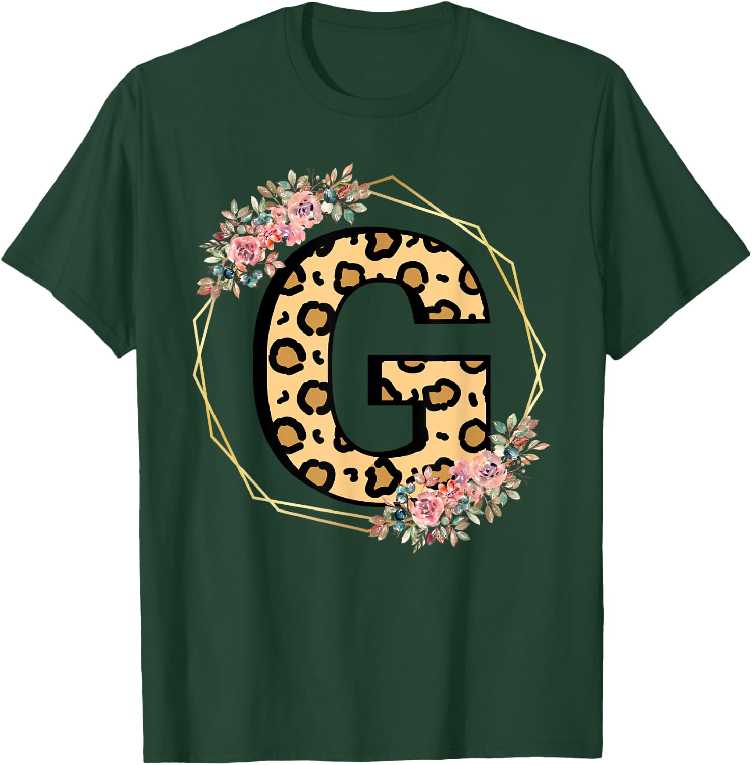 Leopard Letter G Initial Flower Monogram Women Girls T-Shirt - T-Shirt | Forest