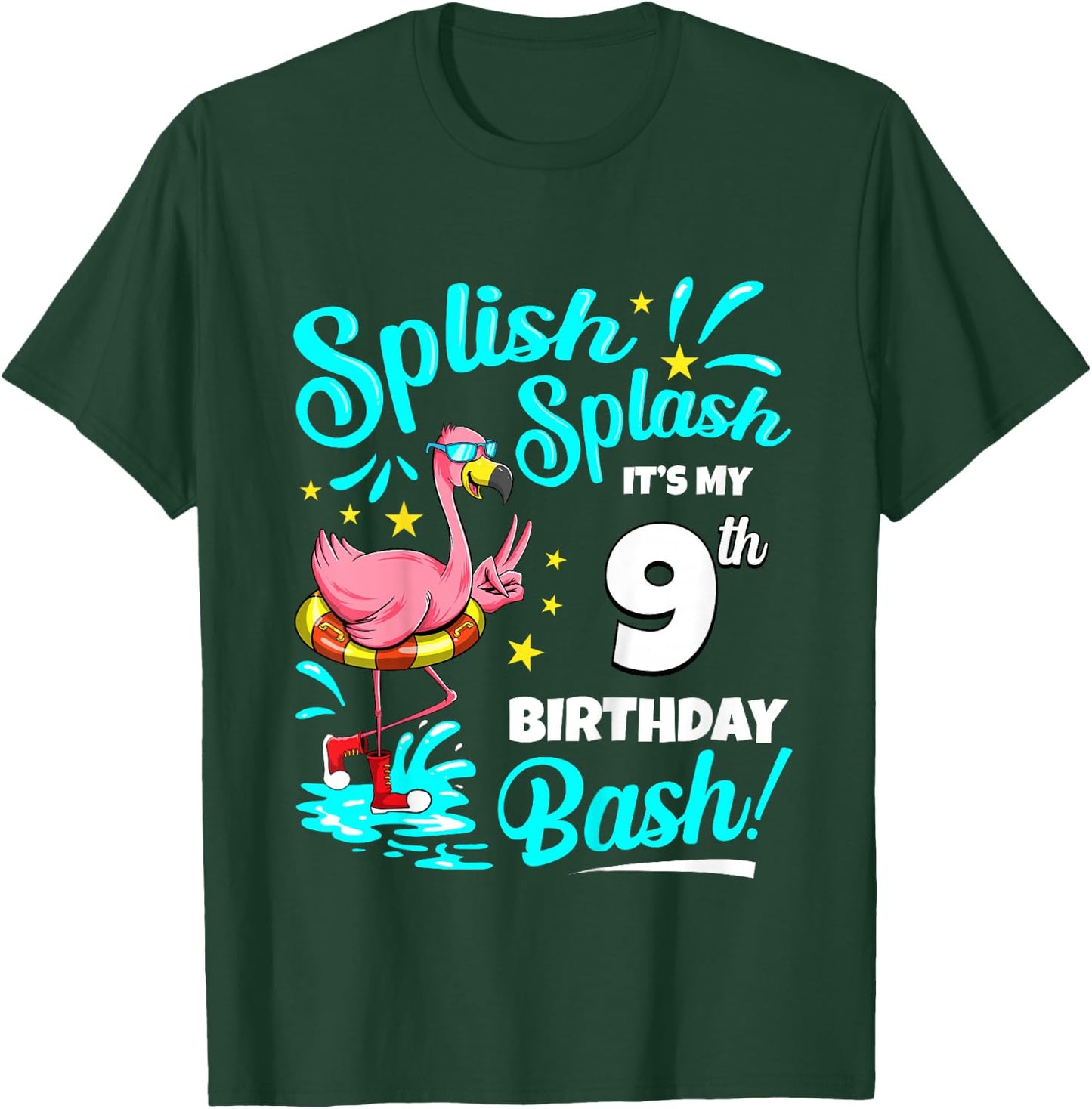 9th Birthday Flamingo 9 Years Old Pool Party Summer T-Shirt - T-Shirt | Forest