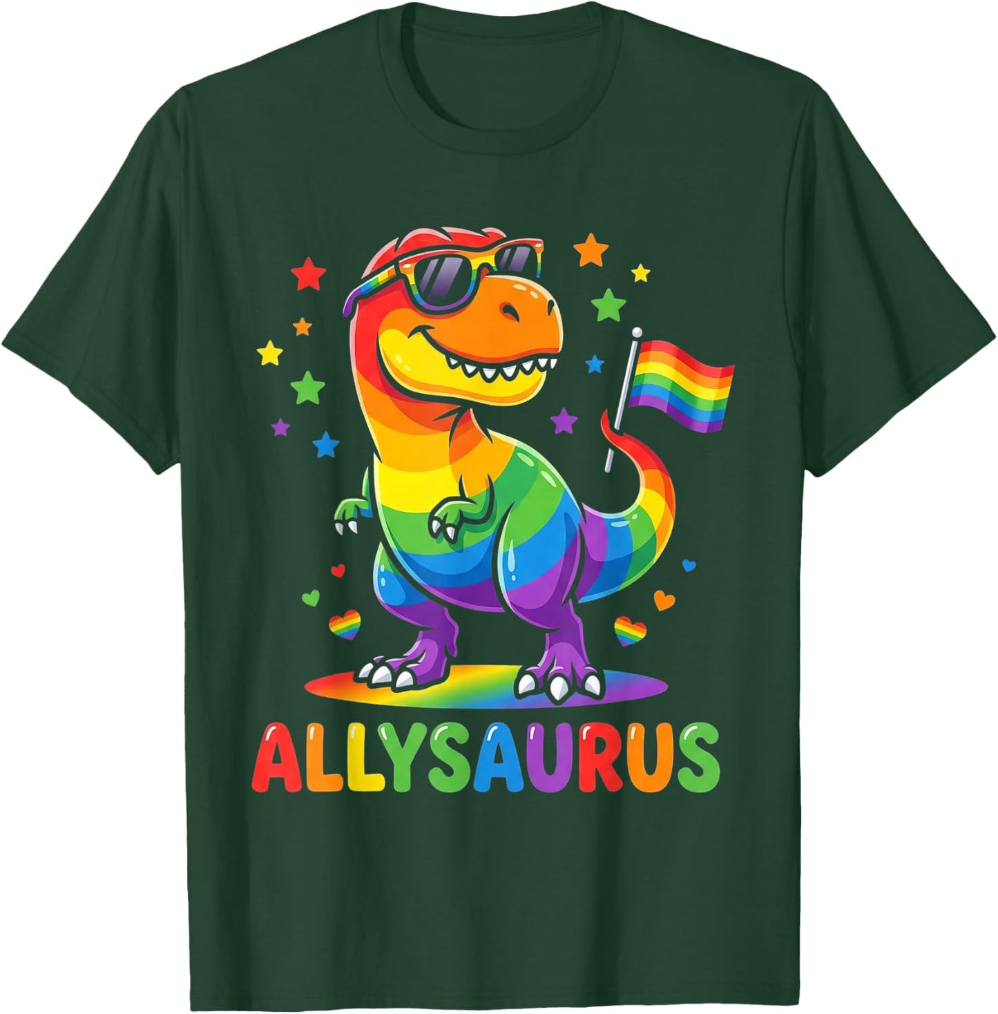 Allysaurus Dinosaur LGBTQ Ally Pride Support Rainbow Flag T-Shirt - T-Shirt | Forest
