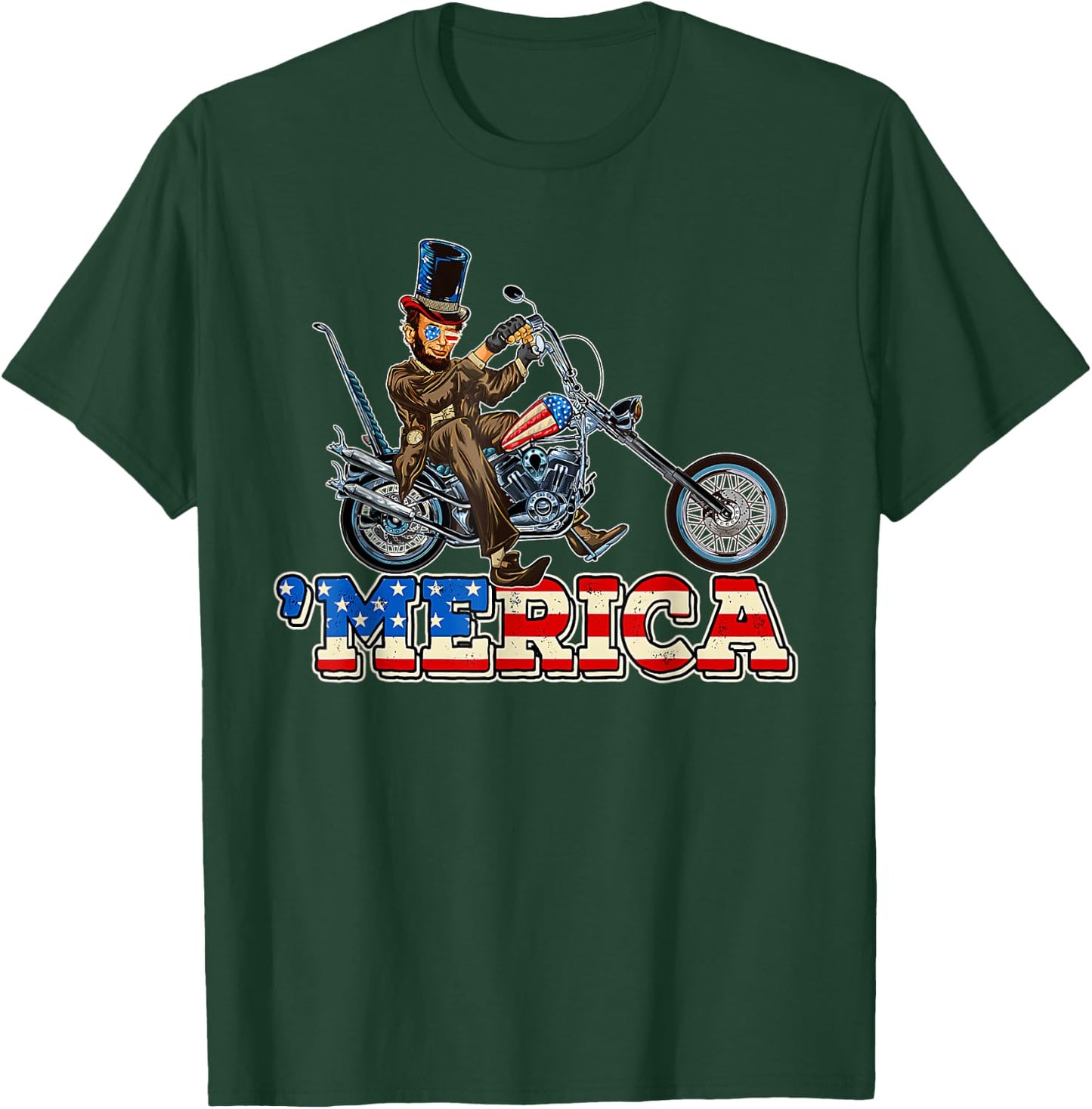 4th of July Themed Abe Lincoln riding a Chopper motorcycle Kids Men T-Shirt - T-Shirt | Forest