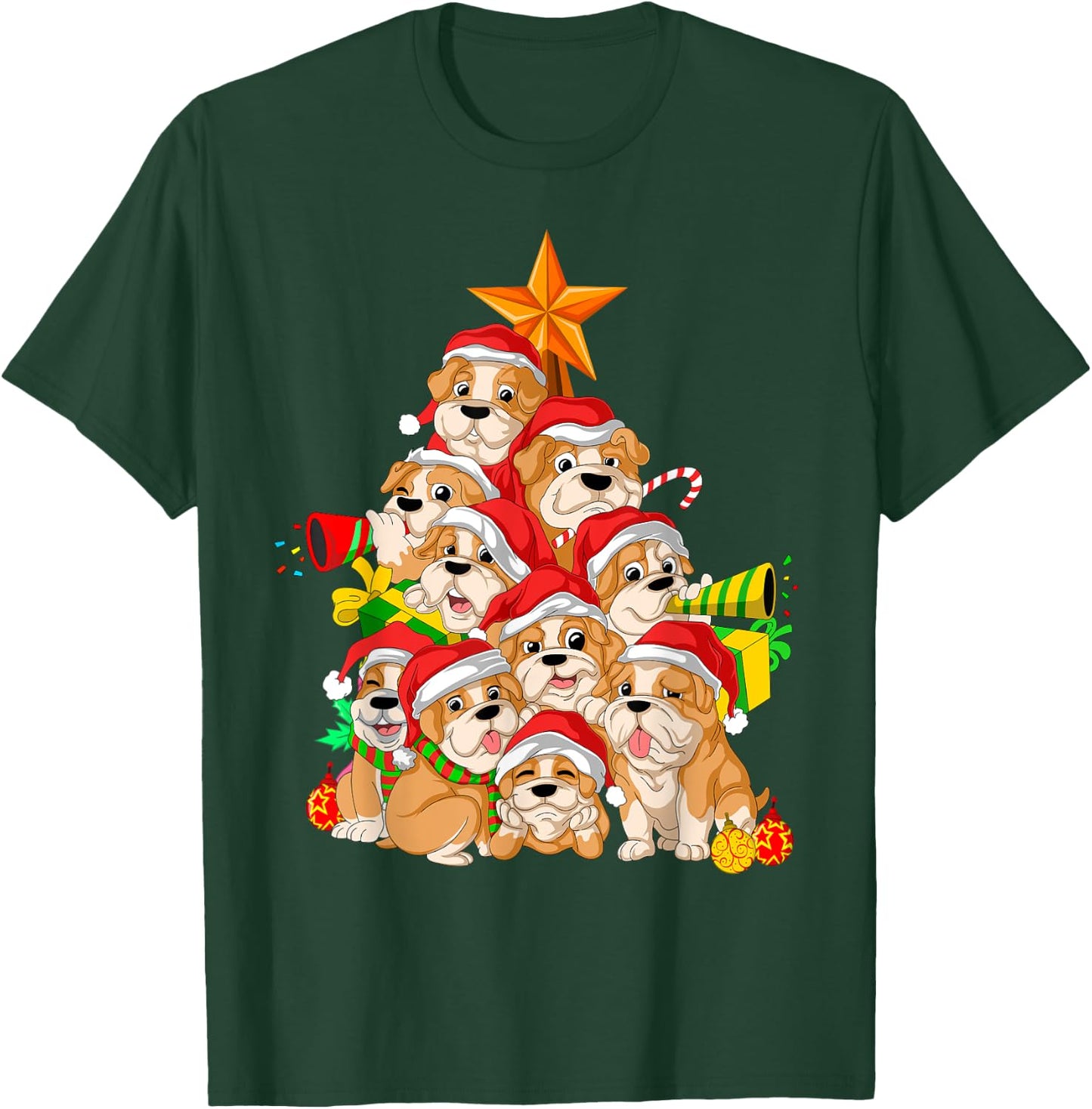 English Bulldog Christmas Tree Dog Xmas Gift Women Kids T-Shirt - T-Shirt | Forest