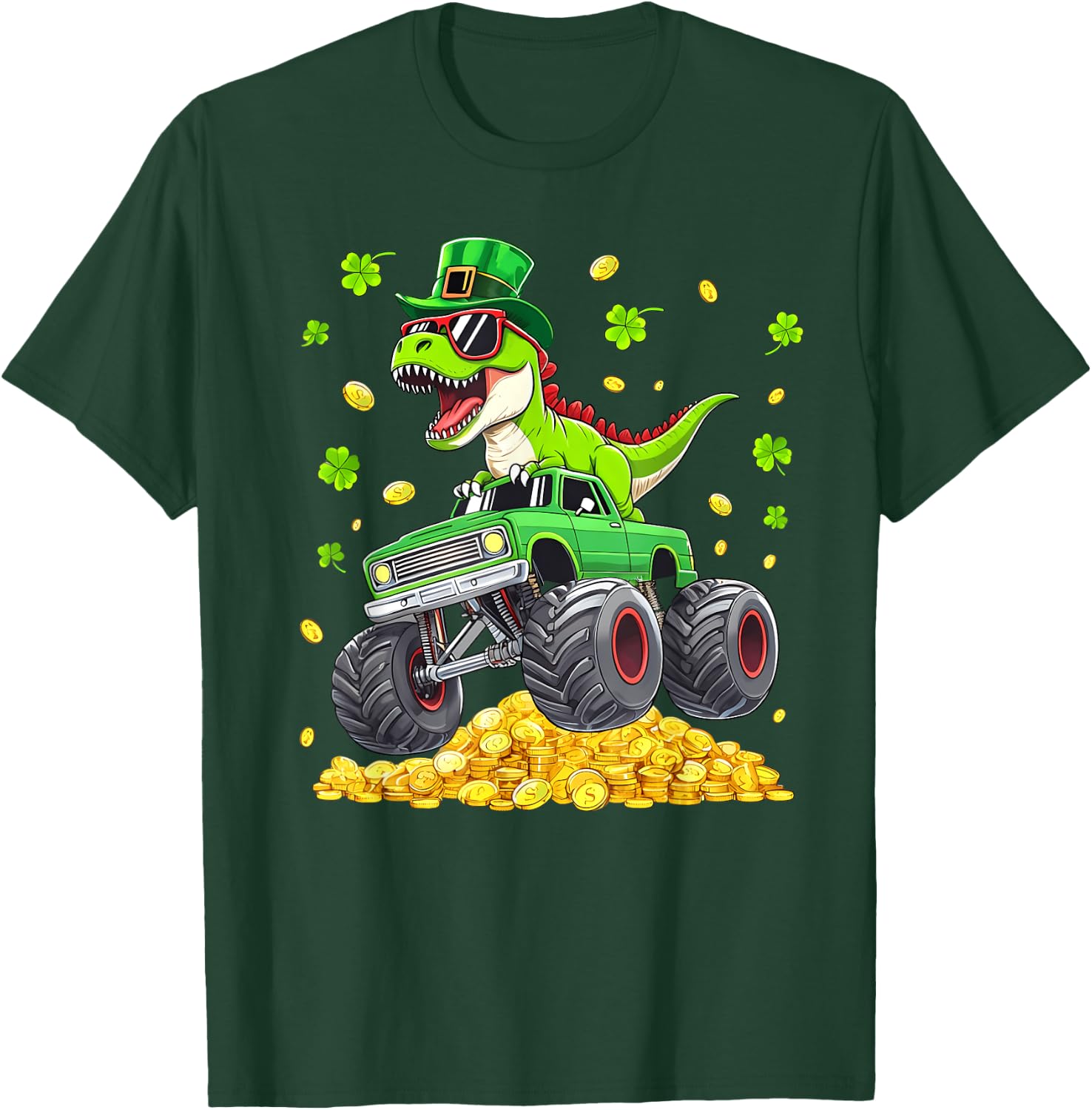 St Patricks Day Dinosaur T-rex Monster Truck Pattys Boy Men T-Shirt - T-Shirt | Forest