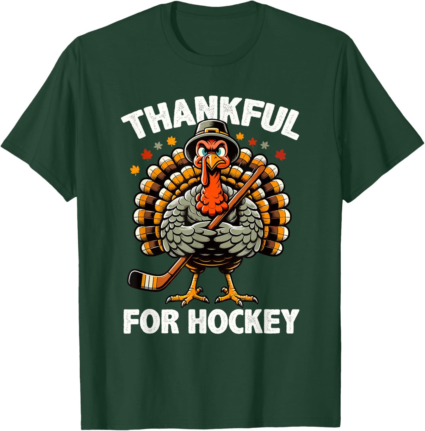 Thankful For Hockey Funny Turkey Thanksgiving Men Women Kids T-Shirt - T-Shirt | Forest