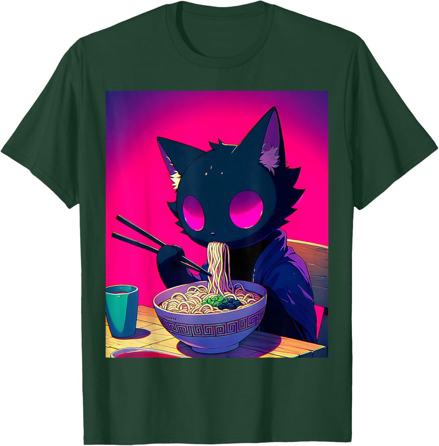 Void Black Cat Eating Ramen Anime Cat Gifts Men Women Kids T-Shirt - T-Shirt | Forest