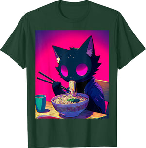 Void Black Cat Eating Ramen Anime Cat Gifts Men Women Kids T-Shirt - T-Shirt | Forest