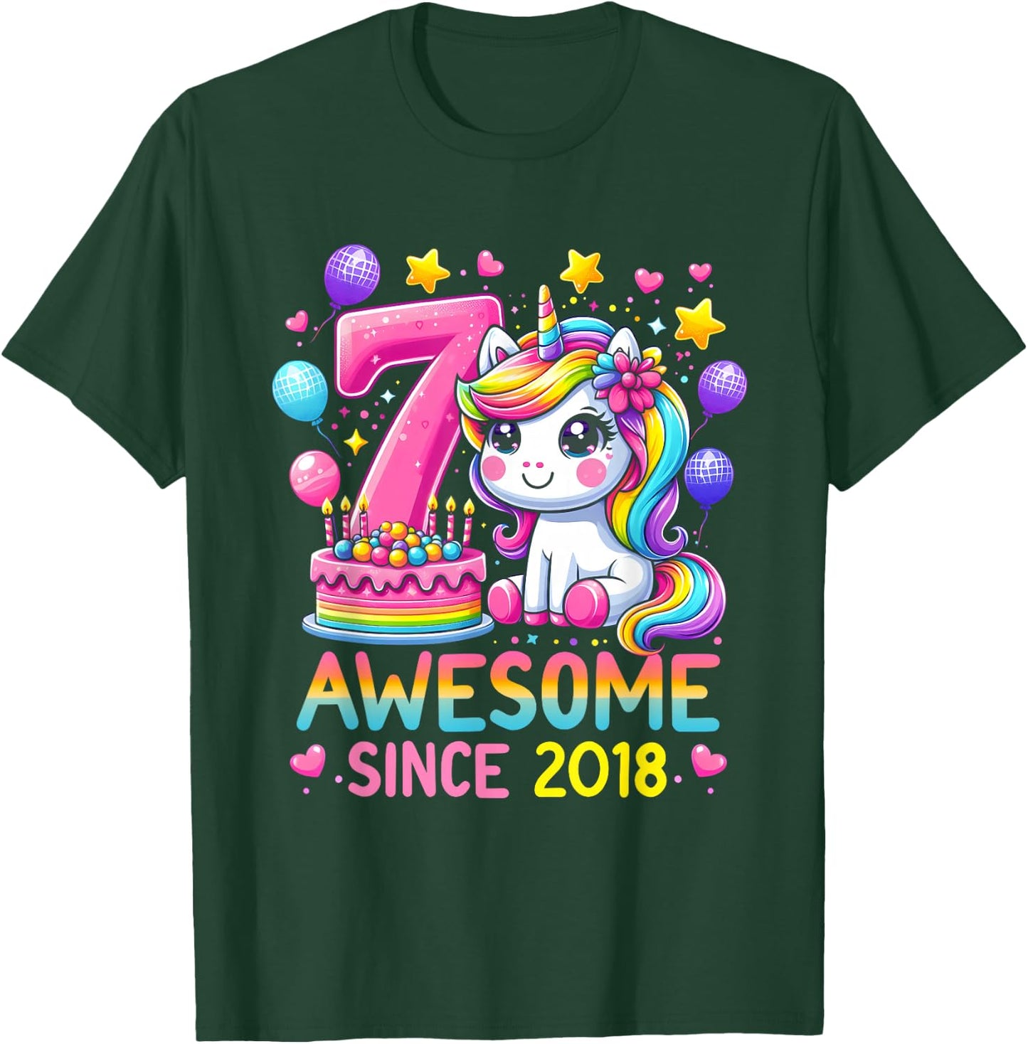 Unicorn 7th Birthday 7 Year Old Party Awesome Since 2018 T-Shirt - T-Shirt | Forest