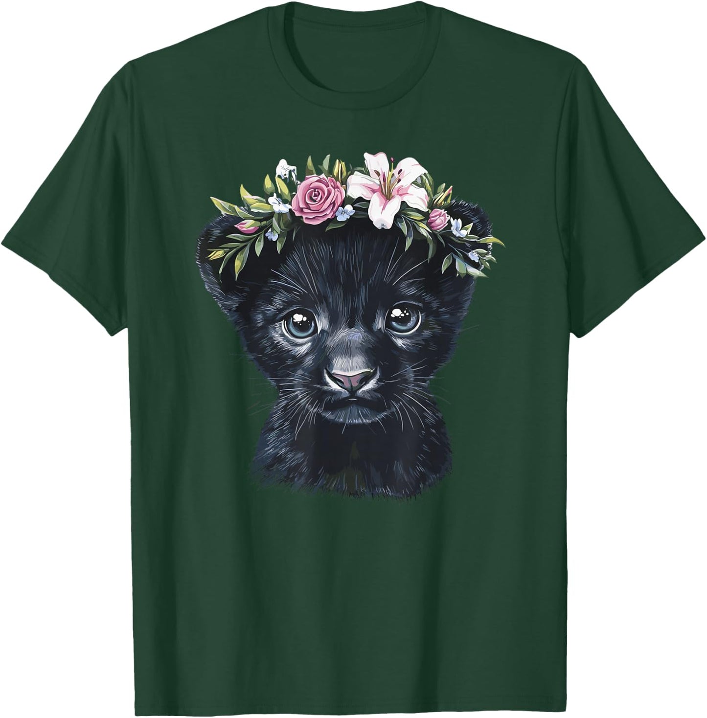 Adorable Black Panther Cub with Flower Crown T-Shirt - T-Shirt | Forest