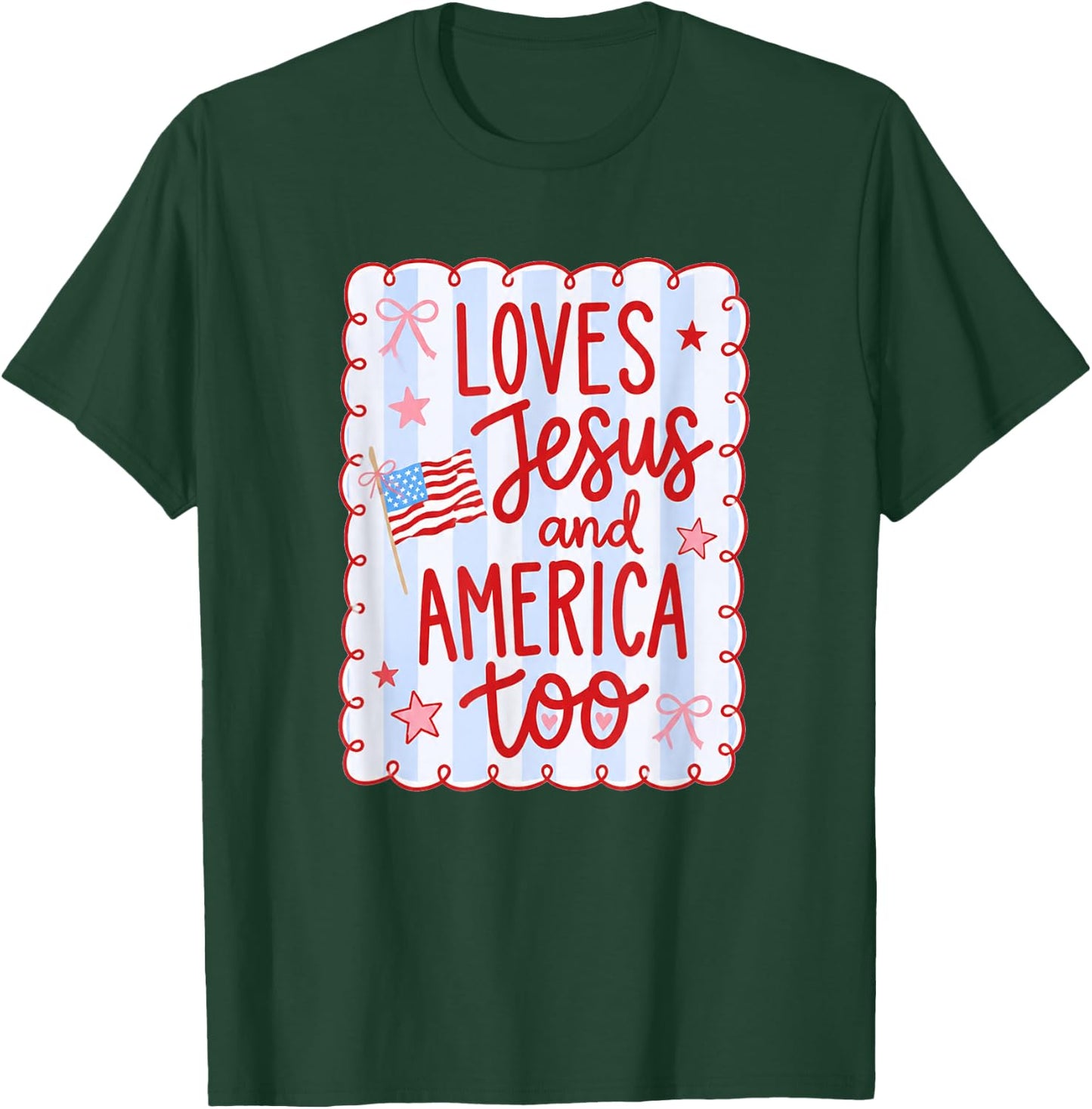 She Loves Jesus and America Too Flag Bow 4th of July Stripe T-Shirt - T-Shirt | Forest