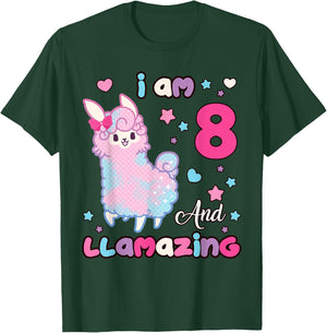 Llama I Am Eight and Llamazing 8 Years Old 8th Birthday Girl T-Shirt - T-Shirt | Forest