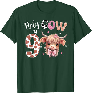 Holy Cow I'm 9 Highland Cow Print Shirt 9th Birthday Girl T-Shirt - T-Shirt | Forest