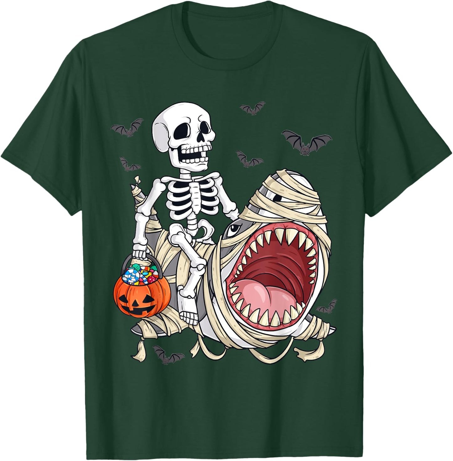 Skeleton Riding Mummy Shark Funny Halloween Pumpkin Kids T-Shirt - T-Shirt | Forest