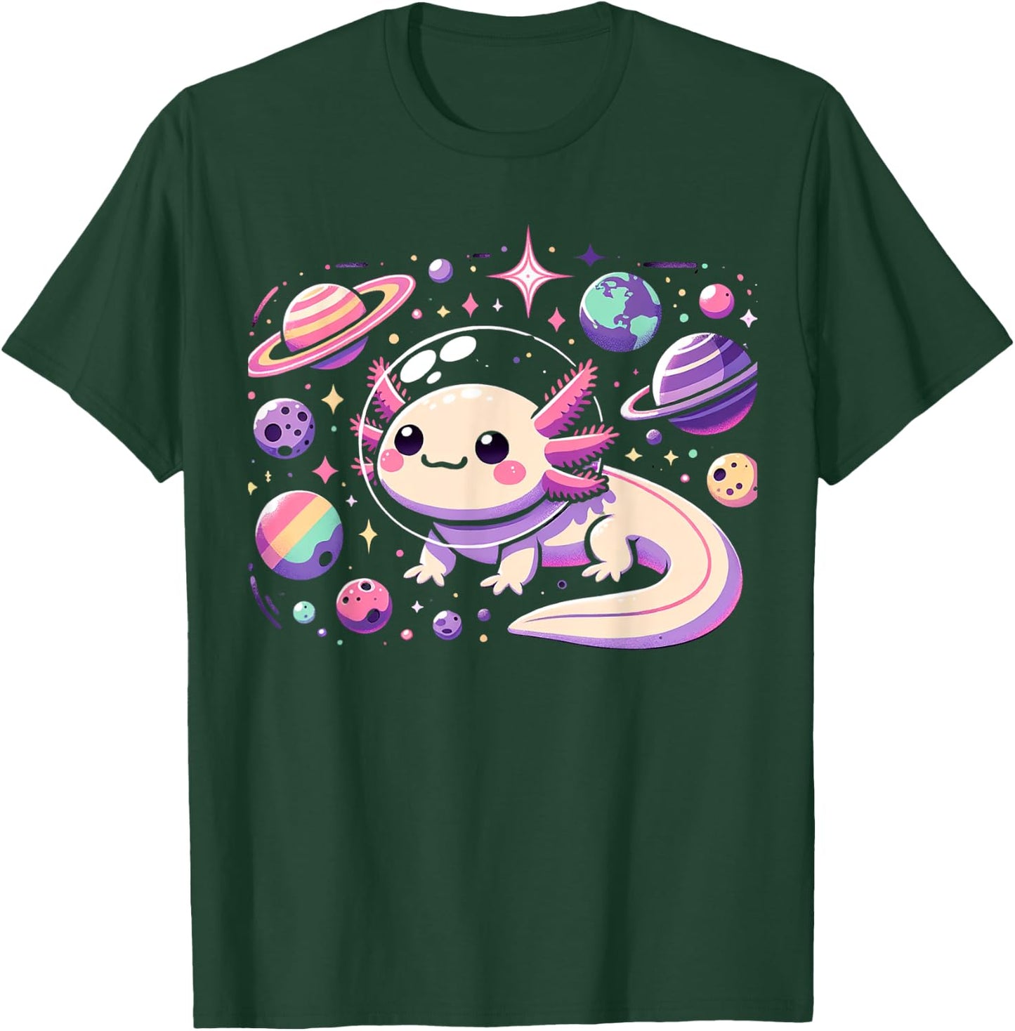 Kawaii Axolotl in Space with Planets Stars Anime Aesthetic T-Shirt - T-Shirt | Forest