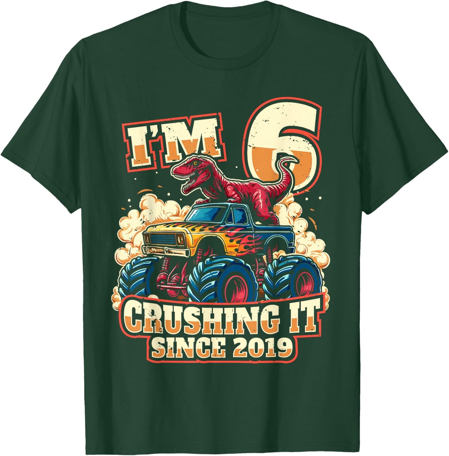 6 Year Old Boys 6th Birthday Dinosaur Monster Truck Party T-Shirt - T-Shirt | Forest