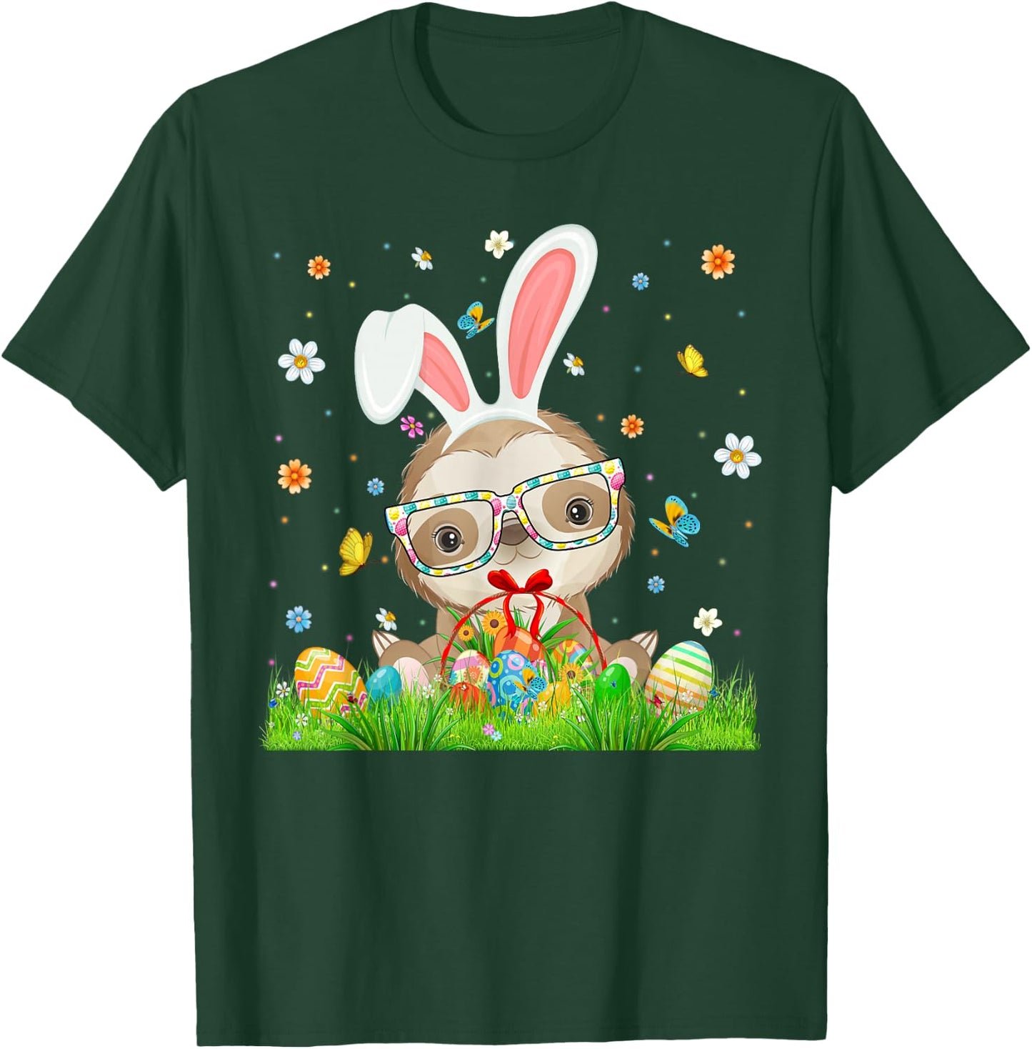 Cute Bunny Sloth & Easter Egg Basket Happy Easter Day Kids T-Shirt - T-Shirt | Forest