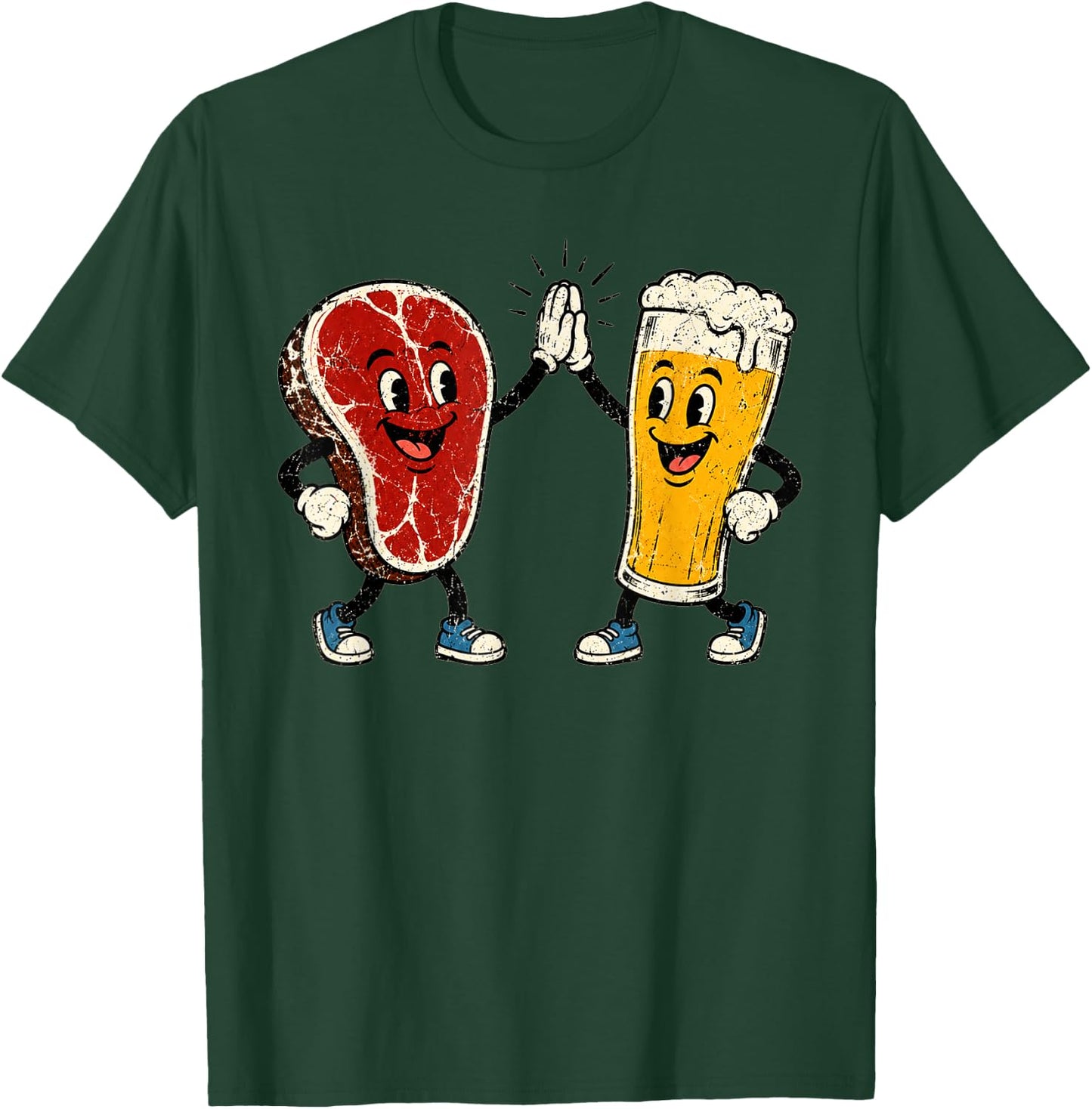 Steak and Suds Funny Steak Beer Retro Cartoon High Five Food T-Shirt - T-Shirt | Forest