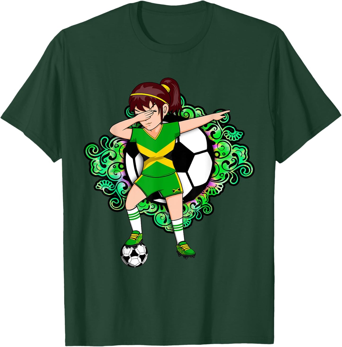 Dabbing Soccer Girl Jamaica Jersey Floral Football Flower T-Shirt - T-Shirt | Forest