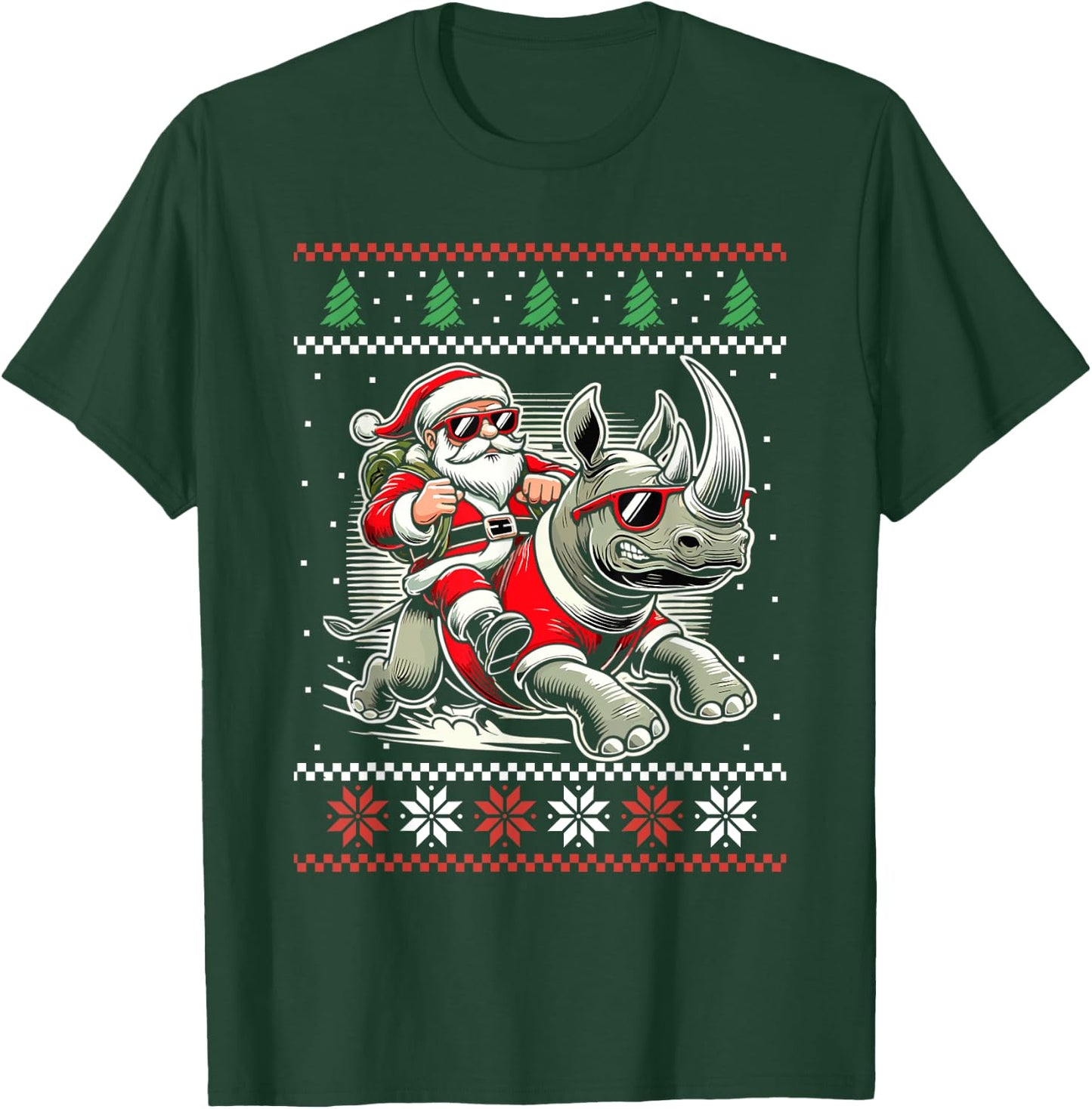 Santa Riding Rhinoceros Ugly Christmas Sweater Rhino Xmas T-Shirt - T-Shirt | Forest