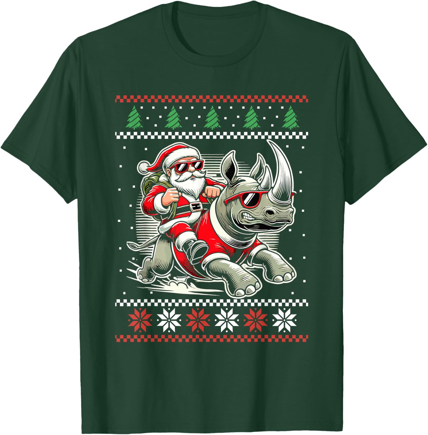 Santa Riding Rhinoceros Ugly Christmas Sweater Rhino Xmas T-Shirt - T-Shirt | Forest