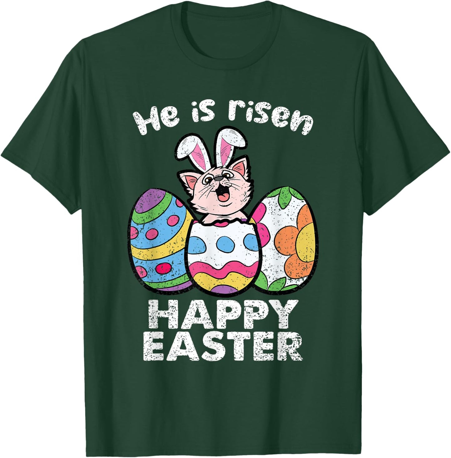Happy Easter Cat Lover He Is Risen Egg Hunting Kitten Kitty Men Women Girls Kids T-Shirt - T-Shirt | Forest
