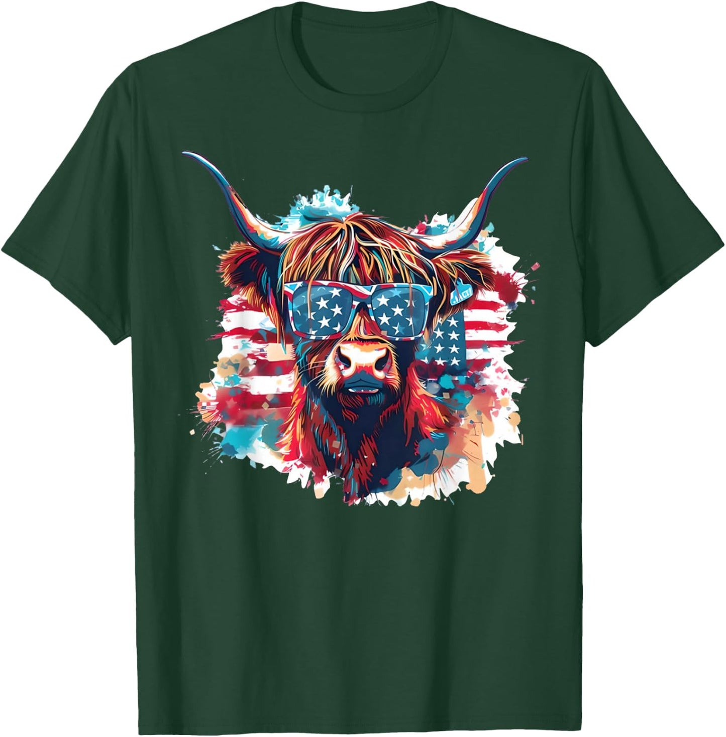 4th of July Highland Cow American Flag Funny Cows Lover Farm T-Shirt - T-Shirt | Forest