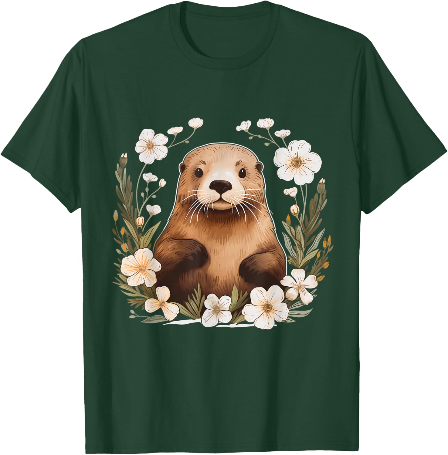 Otter Floral Artwork Vintage Flowers Cute Sea Otter T-Shirt - T-Shirt | Forest