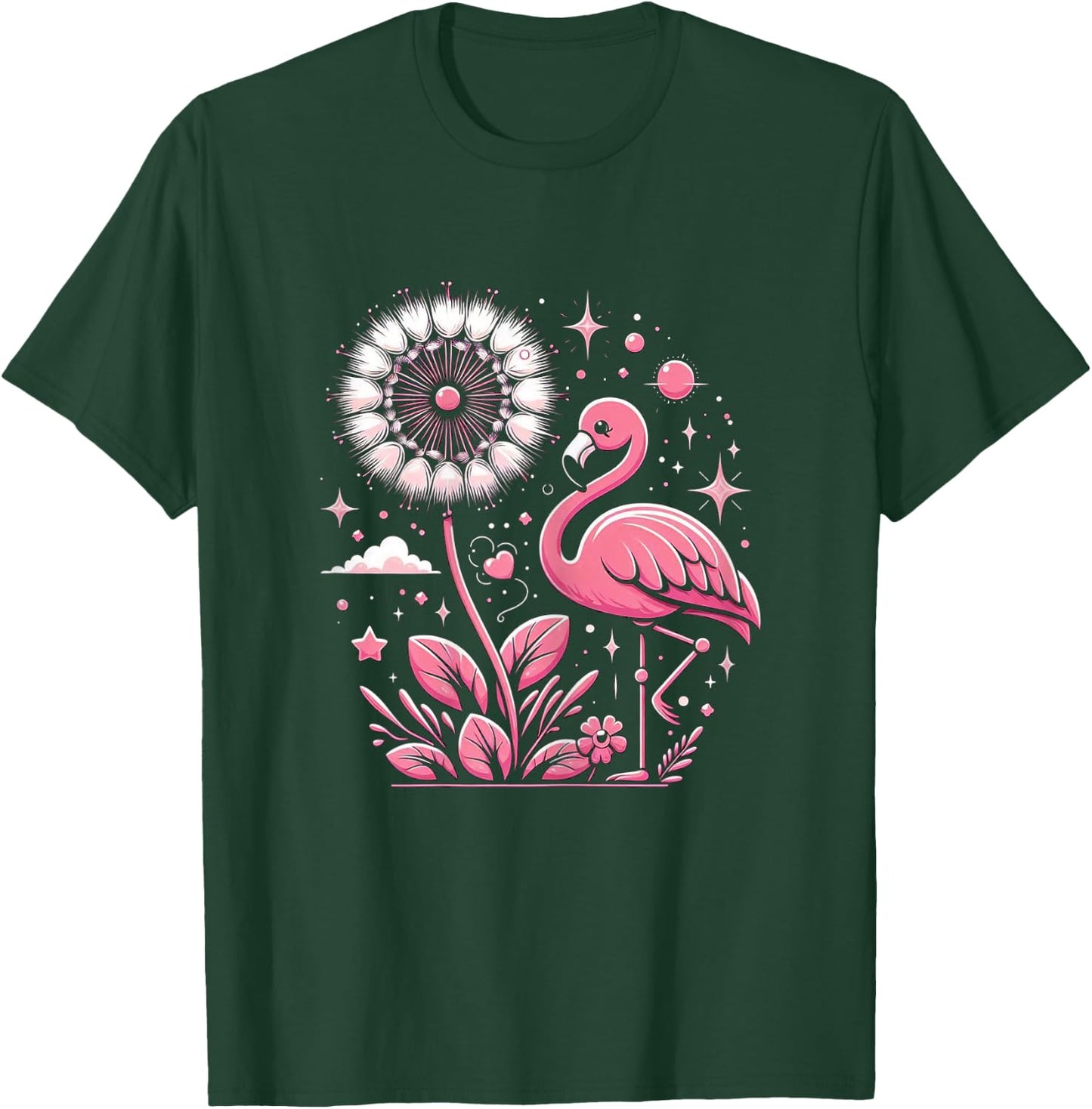 Flamingo And Dandelion Flowers Pink Bird T-Shirt - T-Shirt | Forest