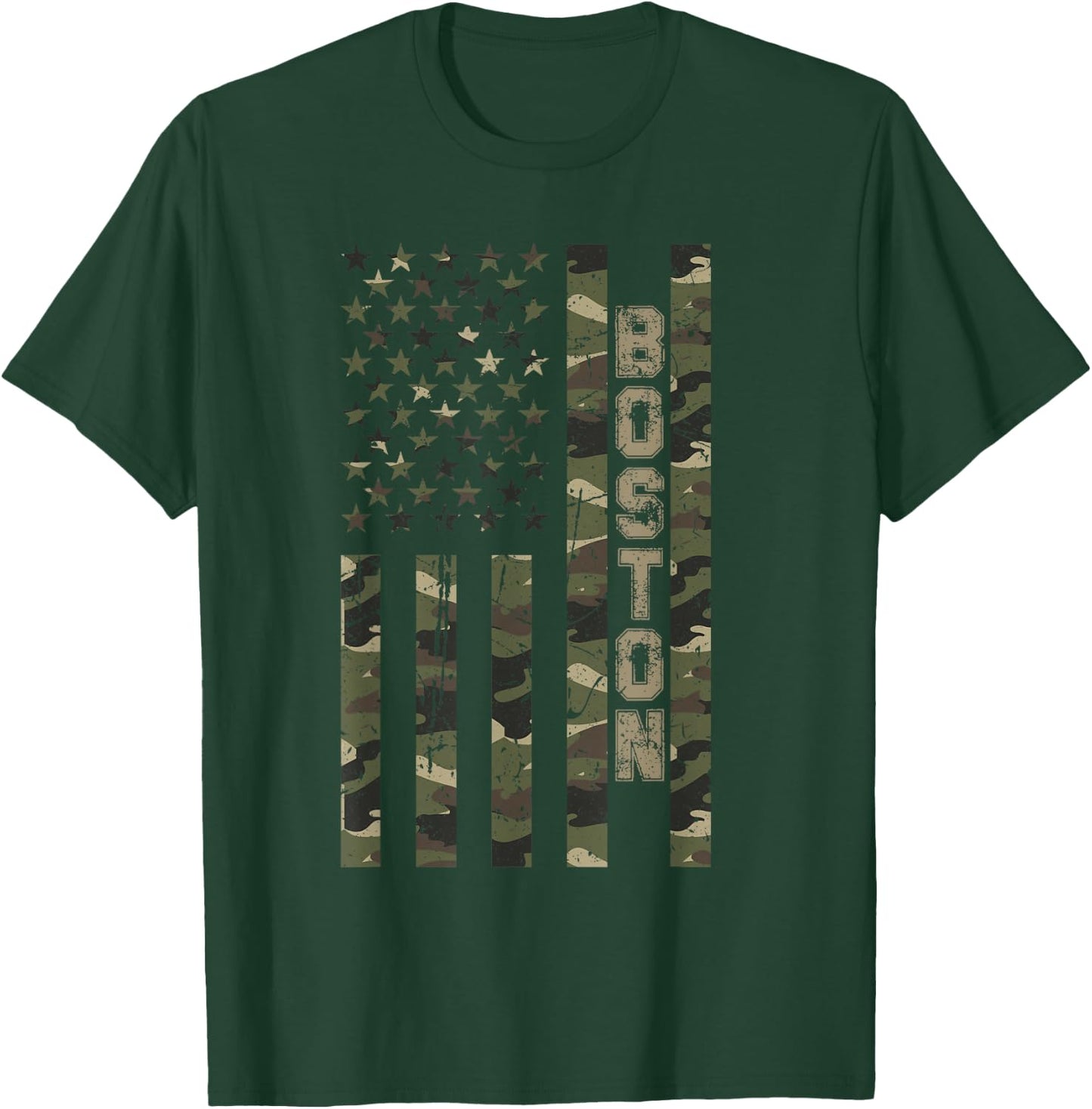 Boston United States Distressed Camo w US Flag T-Shirt - T-Shirt | Forest