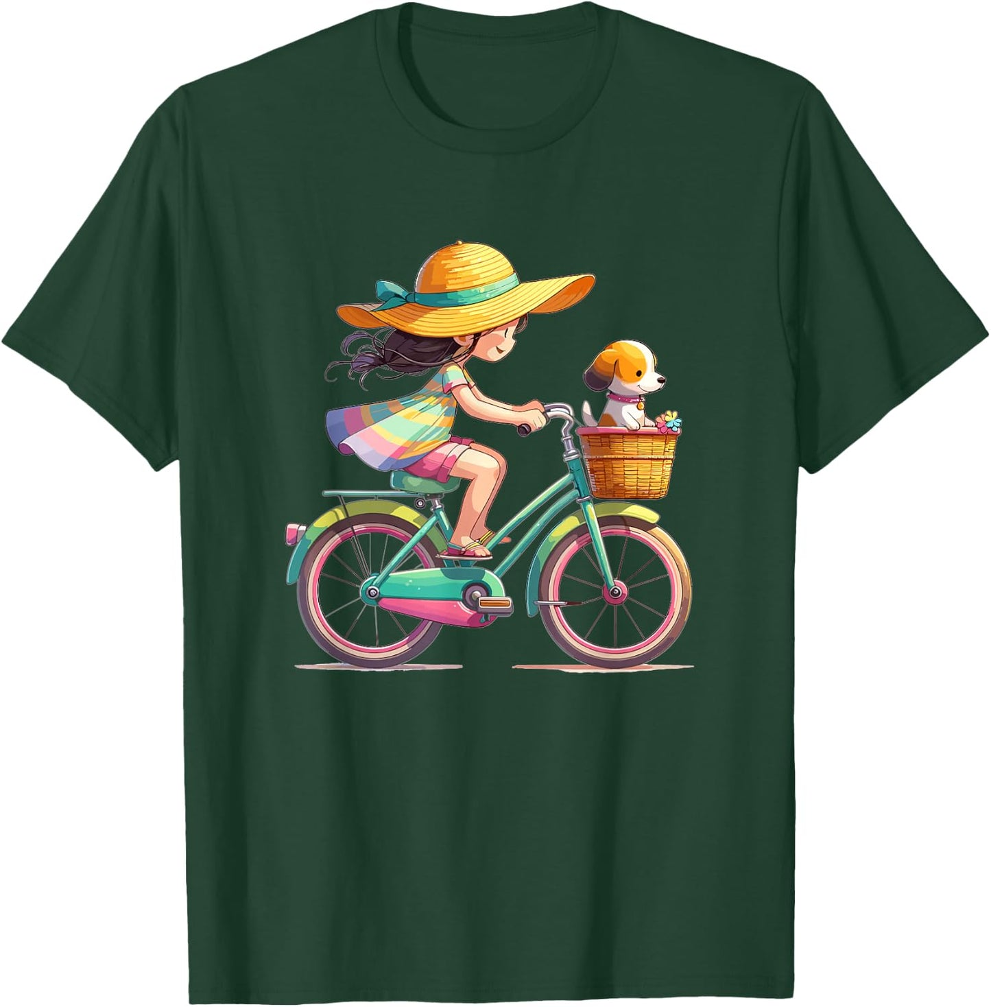 Girl on Bicycle with Little Dog in Bicycle Basket , black T-Shirt - T-Shirt | Forest