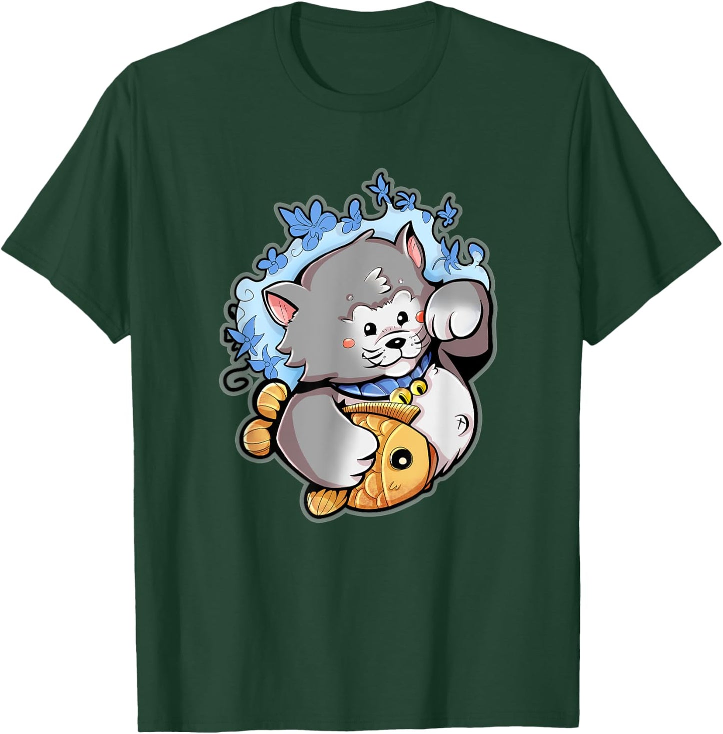 Lucky Gray Maneki-Neko Cat with a Taiyaki T-Shirt - T-Shirt | Forest