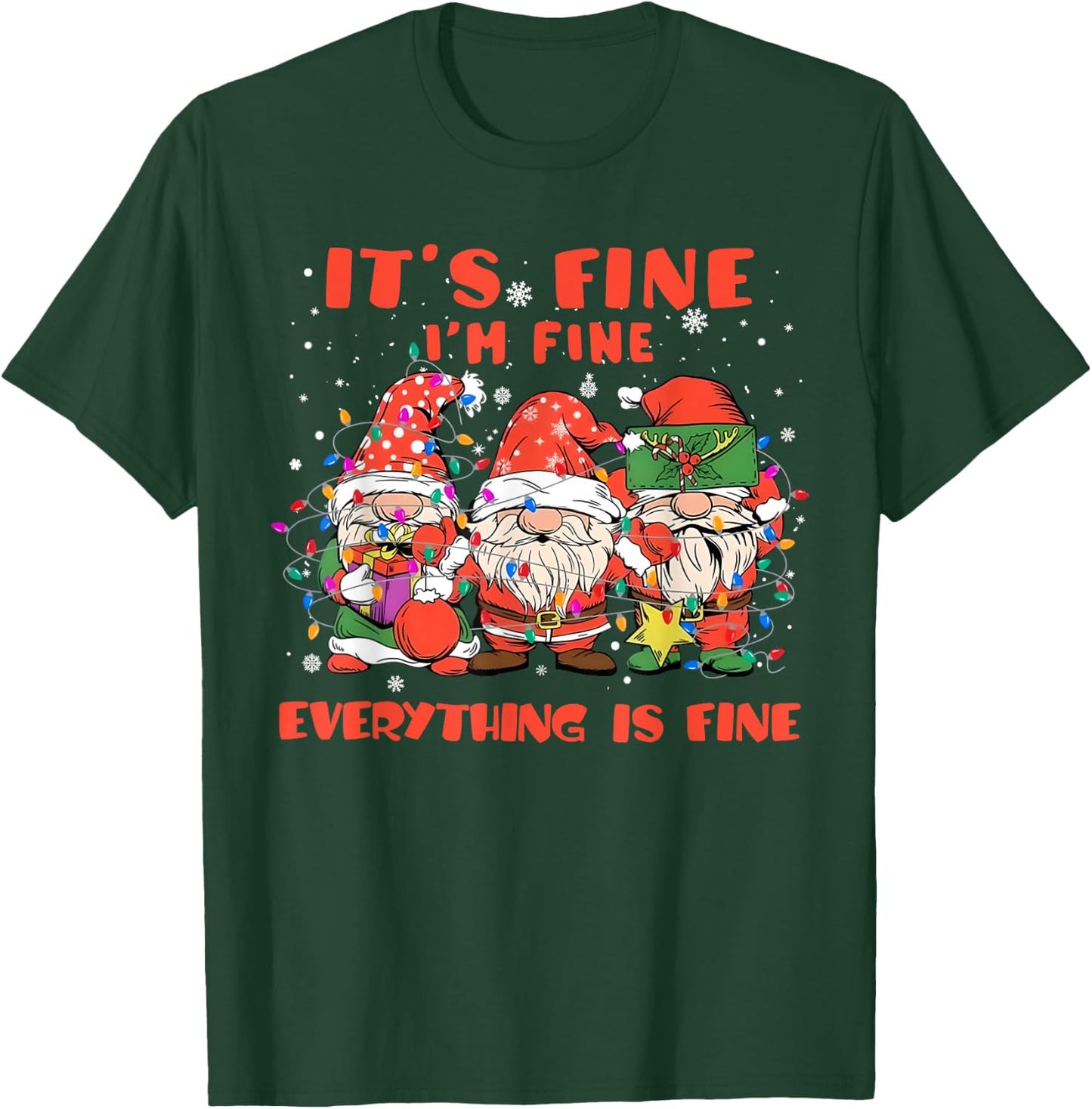 Funny I'm Fine Everything Is Fine Gnome Christmas Lights PJ T-Shirt - T-Shirt | Forest