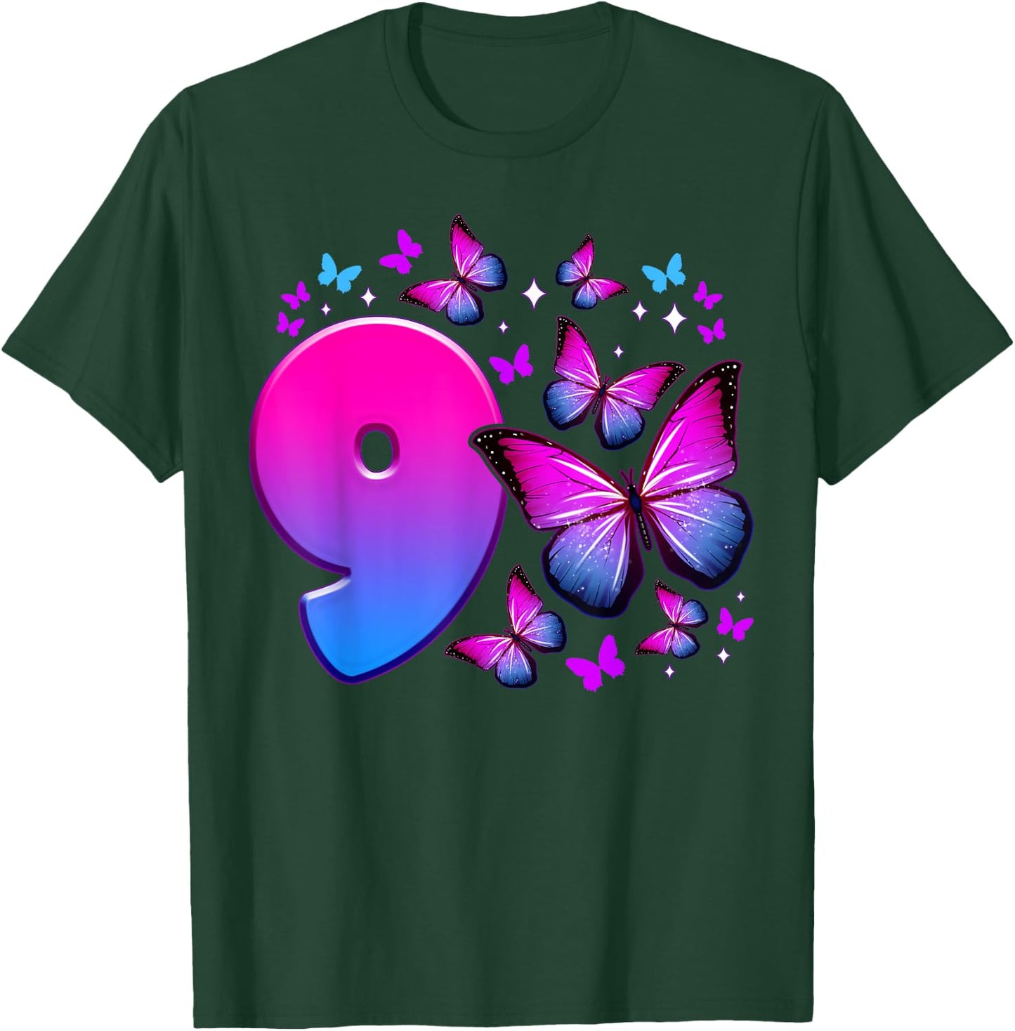 Birthday Girl 9 Years Old Butterfly Number 9 , black T-Shirt - T-Shirt | Forest