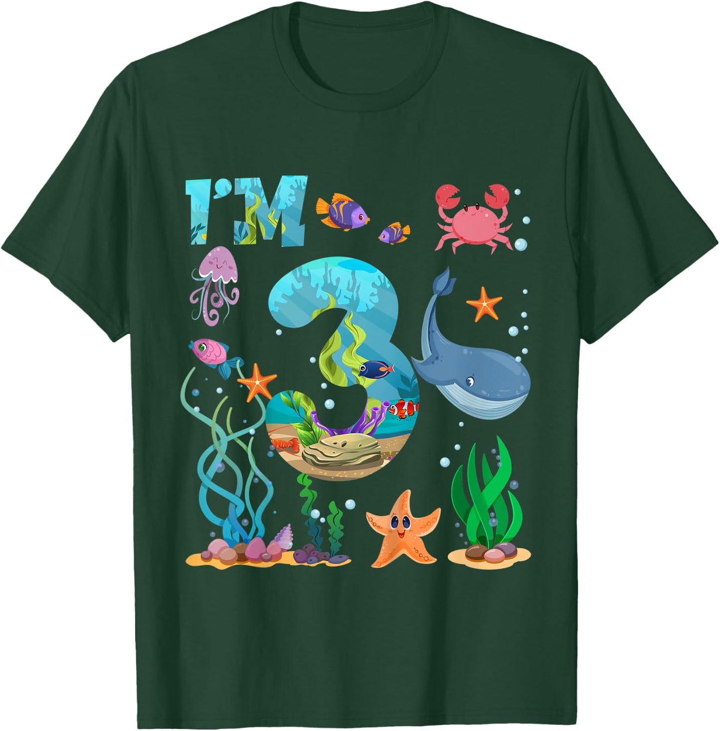 Kids 3 Year Old Boy Girl Sea Animals I'm Three 3rd Birthday Kids T-Shirt - T-Shirt | Forest