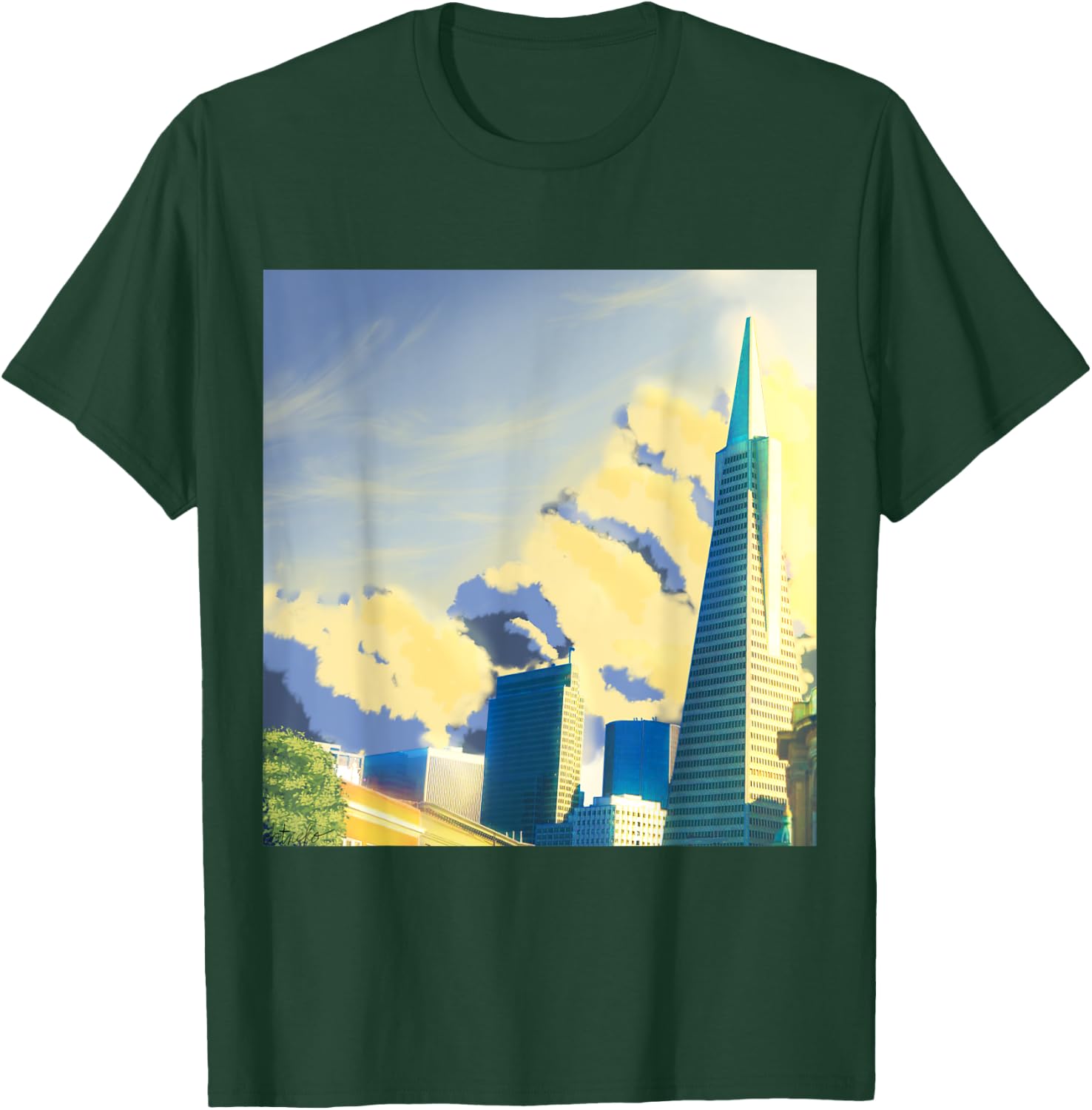 SF Transamerica Pyramid Scenery - Relaxing Anime Sunset T-Shirt - T-Shirt | Forest