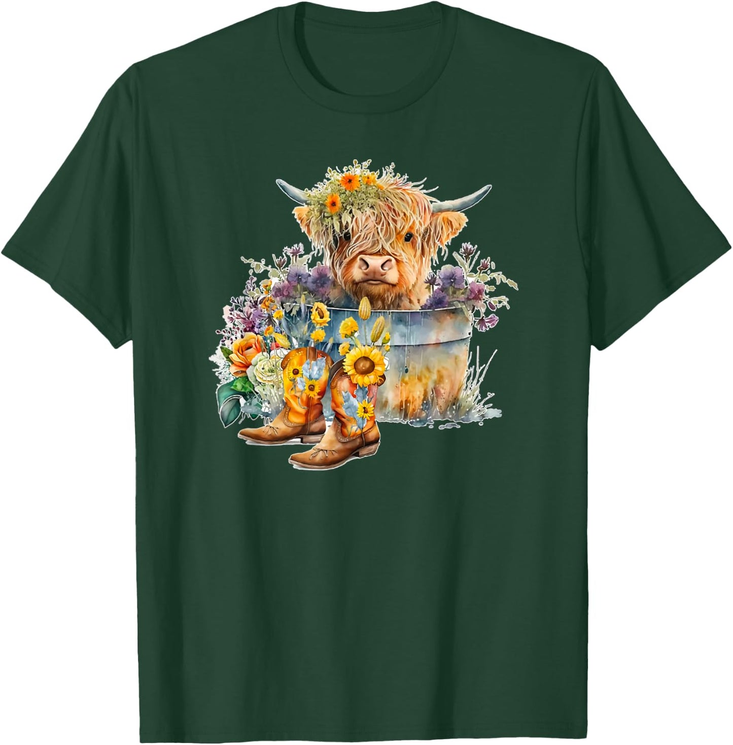 Scottish Highland Cow Cattle Farm Hairy Cowgirl Flower Woman T-Shirt - T-Shirt | Forest