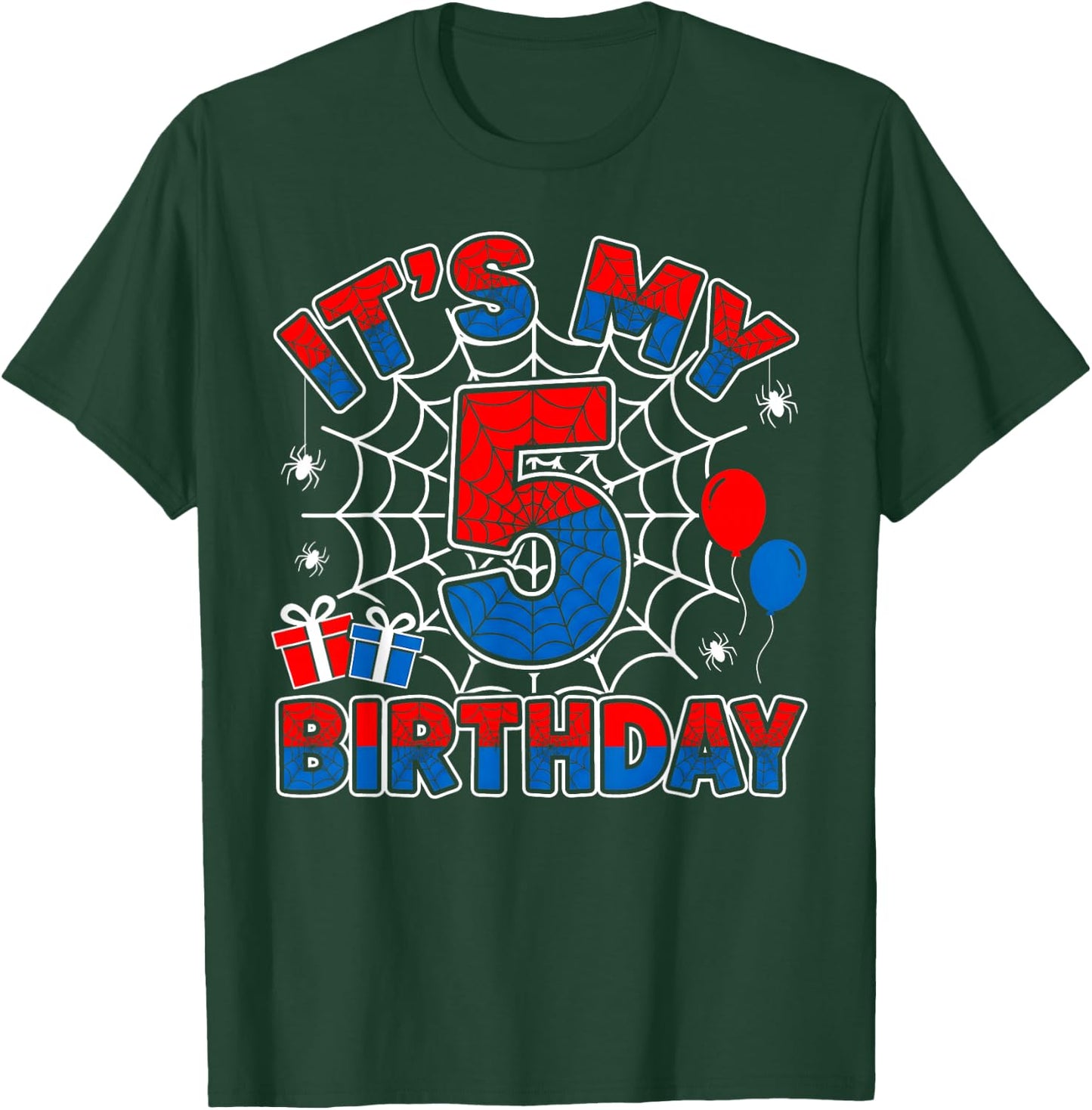 Its My 5th Birthday Boy 5 Year Old Spider Web Birthday Party T-Shirt - T-Shirt | Forest